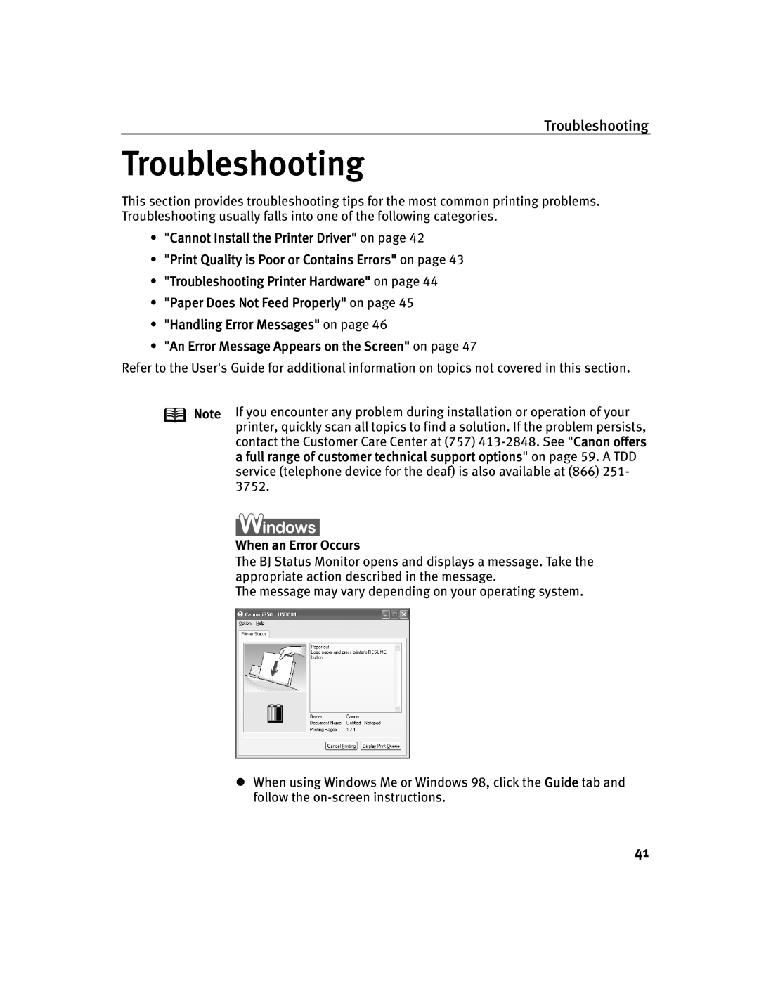 Canon 250, 350 quick start Troubleshooting, When an Error Occurs 