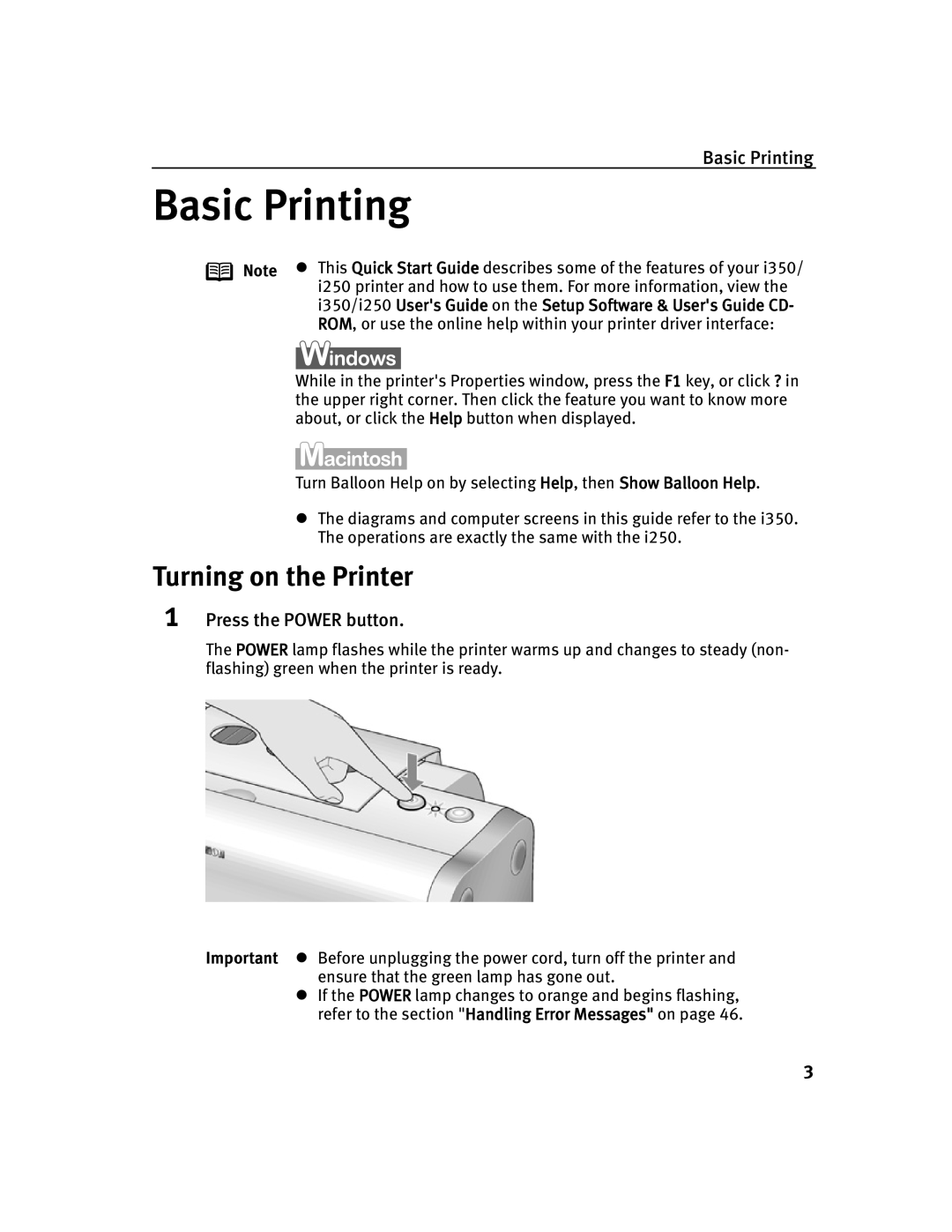 Canon 250, 350 quick start Turning on the Printer, Basic Printing, Press the Power button 