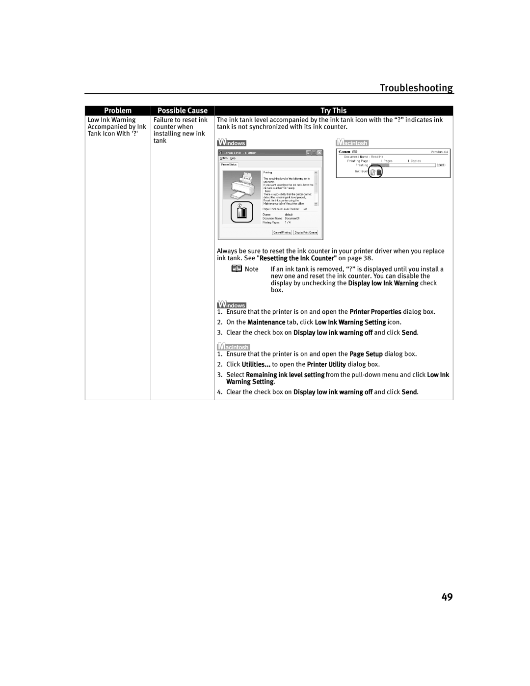 Canon 250, 350 quick start On the Maintenance tab, click Low Ink Warning Setting icon 