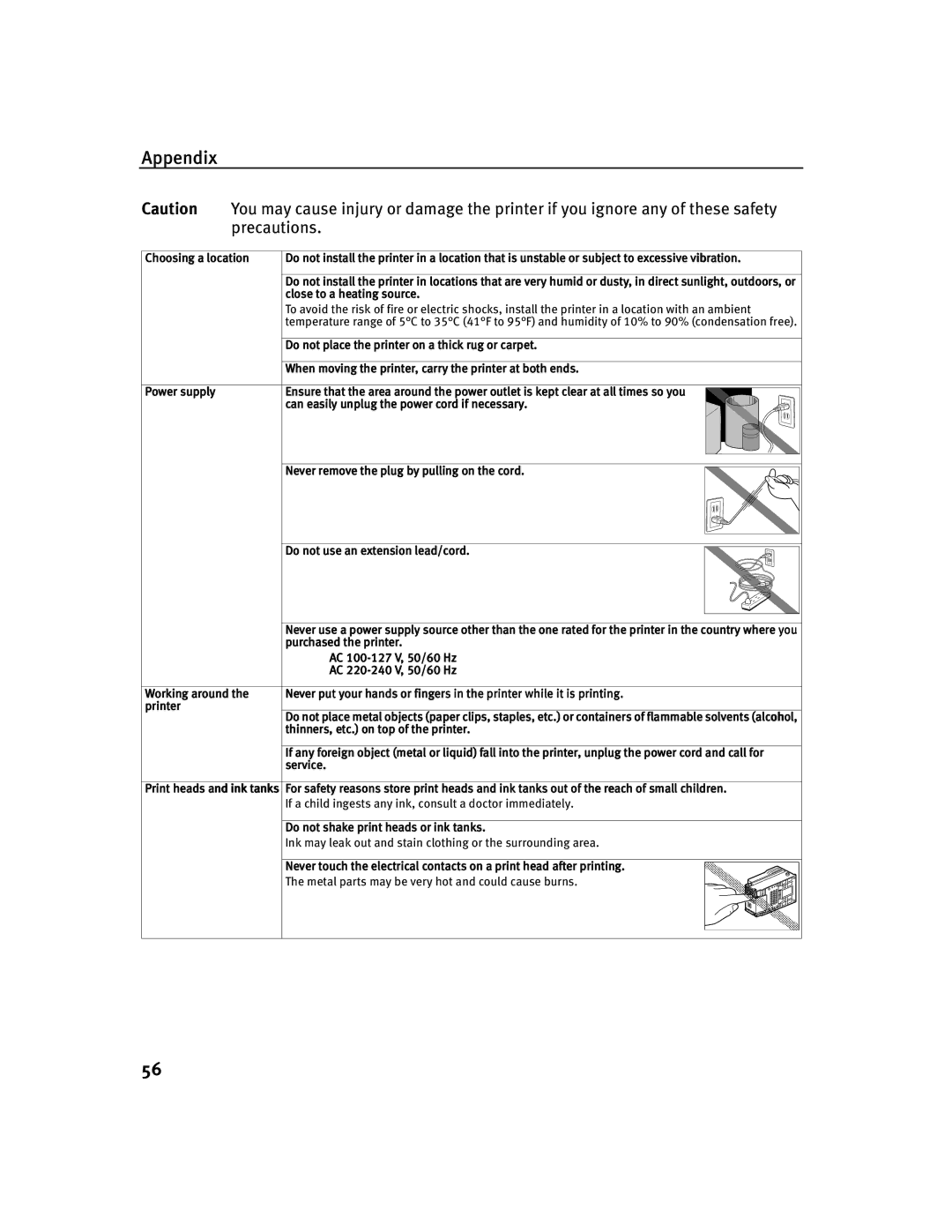 Canon 350, 250 Choosing a location, Close to a heating source, Do not place the printer on a thick rug or carpet, Service 