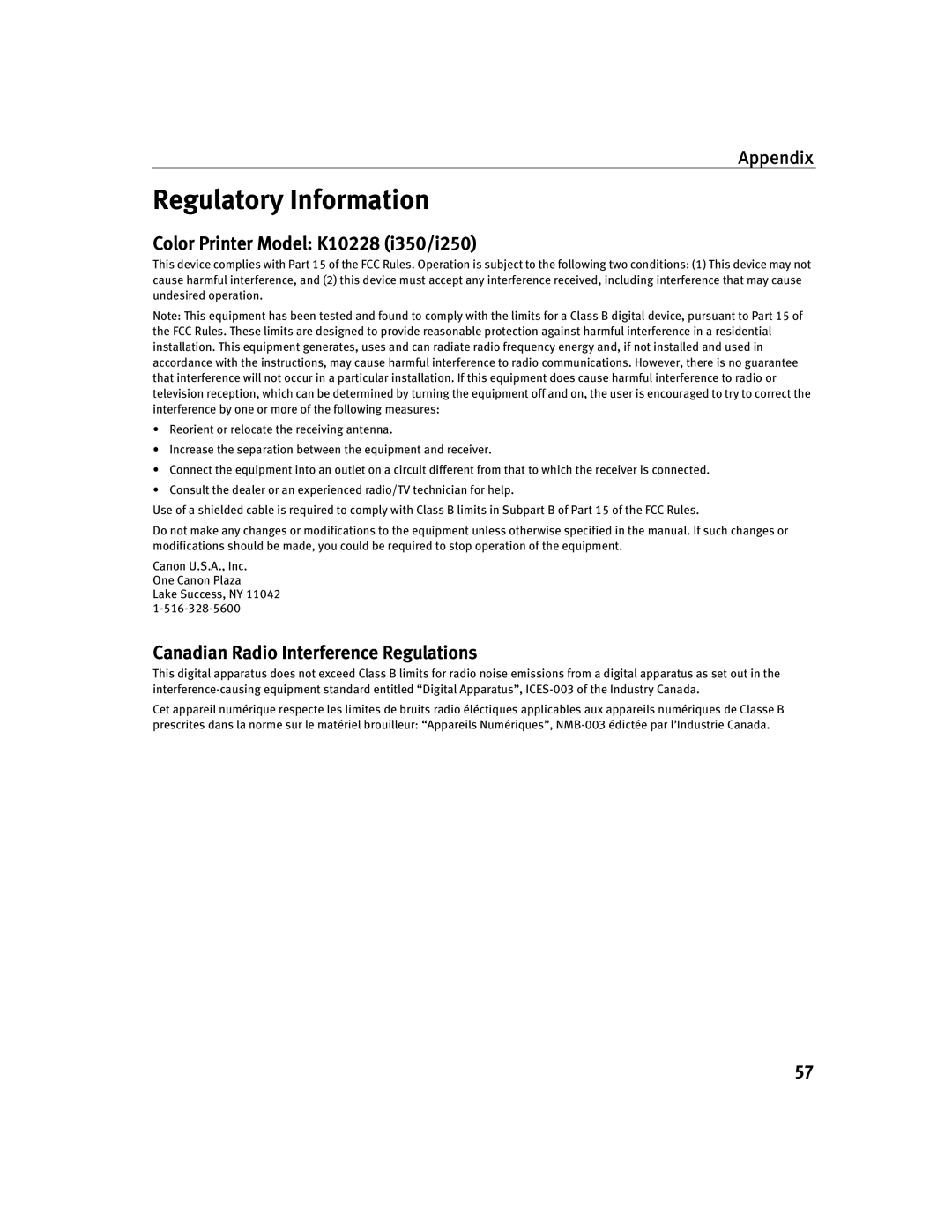 Canon quick start Regulatory Information, Color Printer Model K10228 i350/i250 