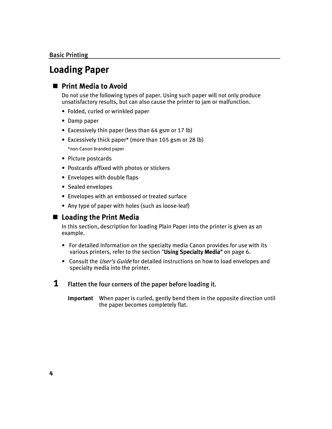 Canon 350, 250 quick start Loading Paper, „ Print Media to Avoid, „ Loading the Print Media 