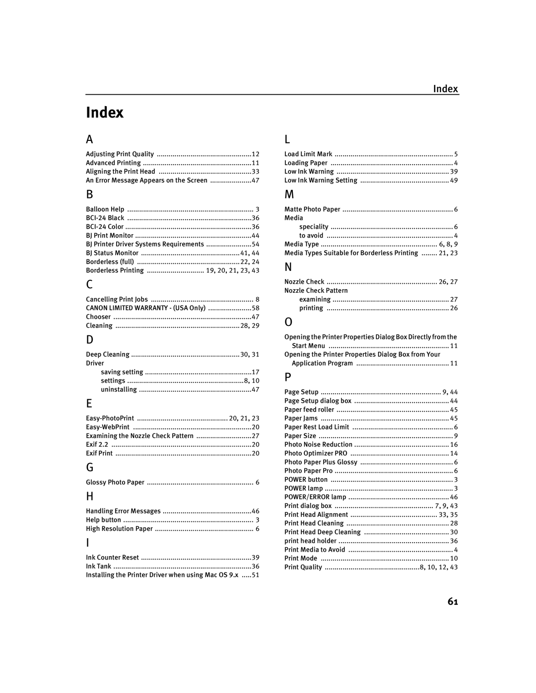 Canon 250, 350 quick start Index 