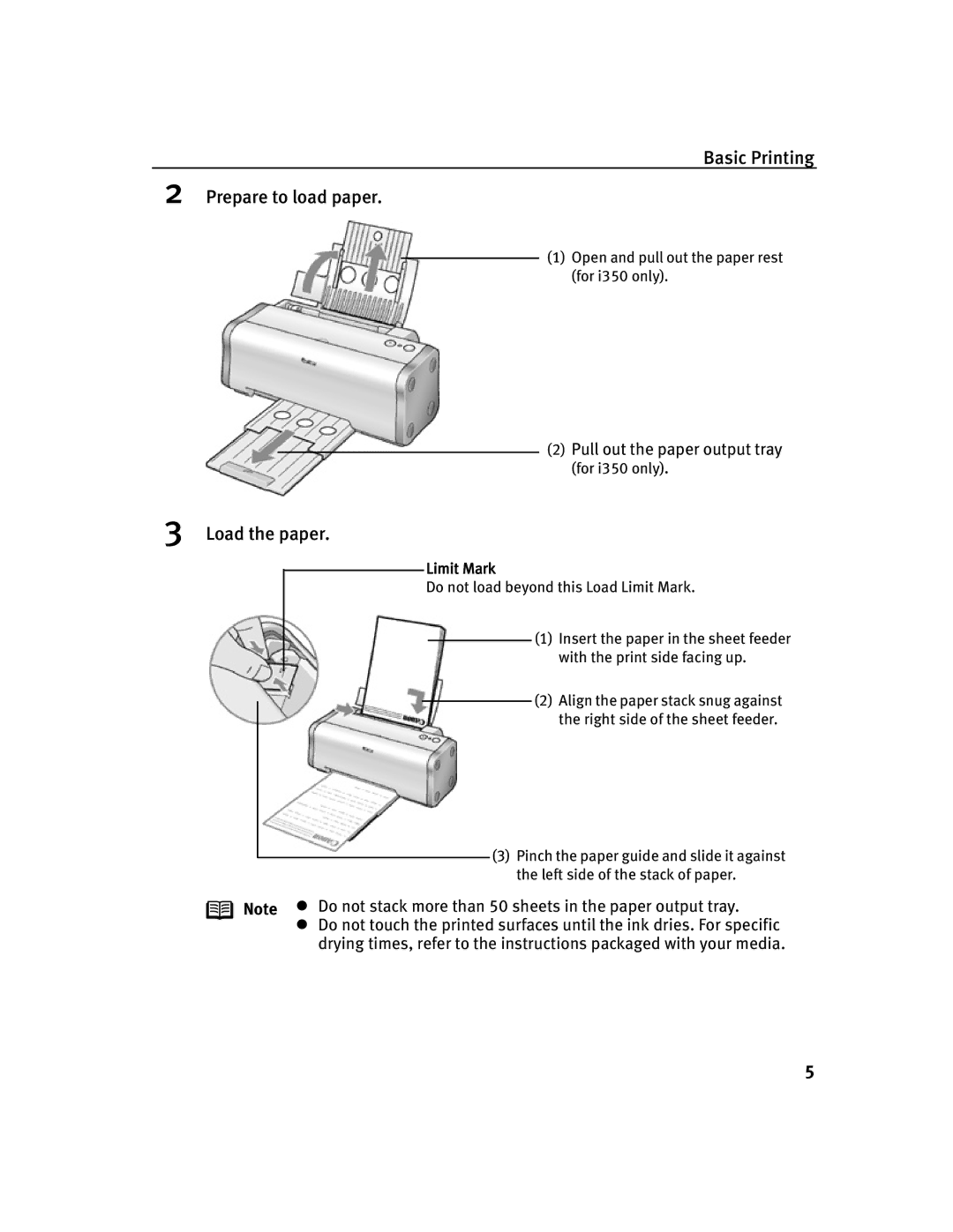 Canon 250, 350 quick start Basic Printing Prepare to load paper, Load the paper 