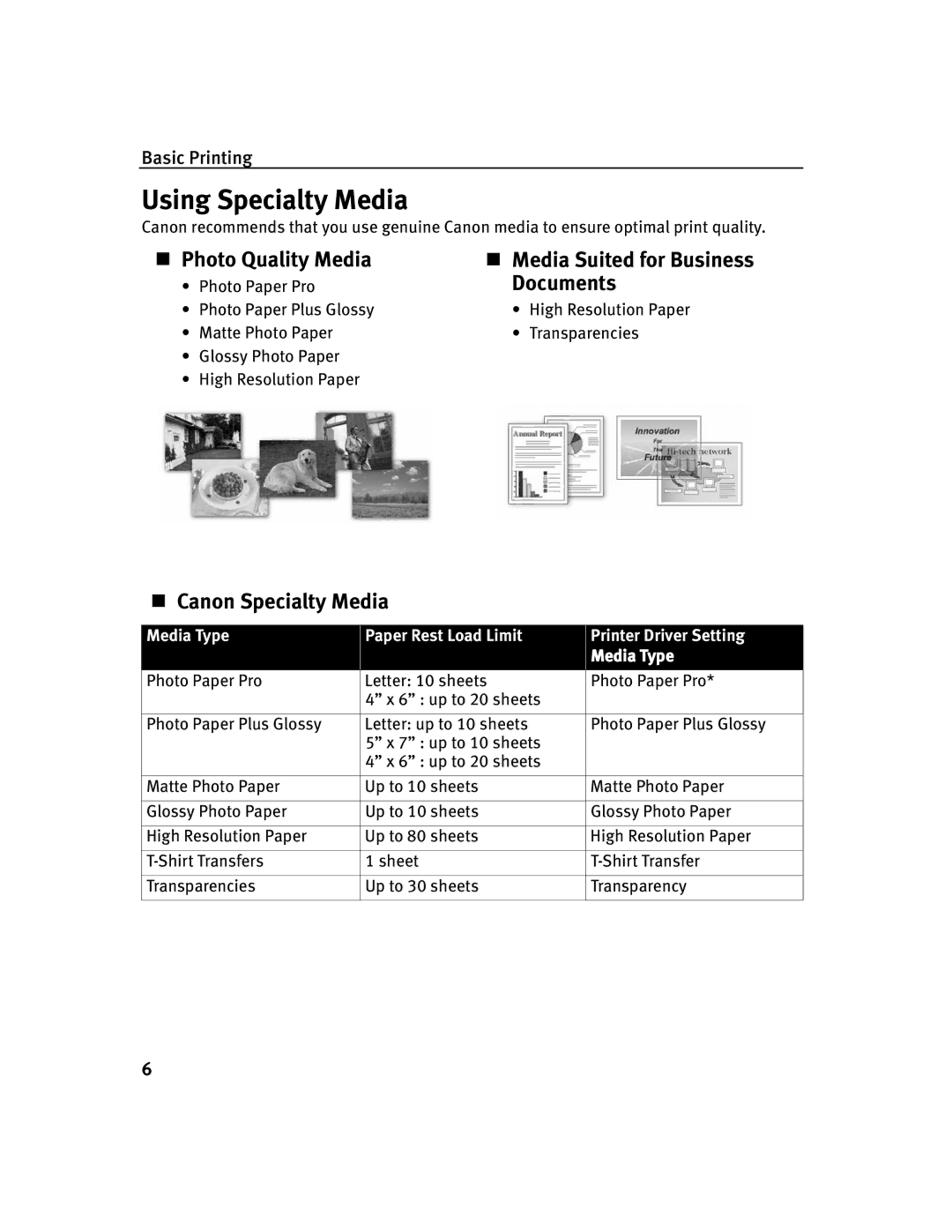 Canon 350, 250 quick start Using Specialty Media, „ Photo Quality Media, Documents, „ Canon Specialty Media 