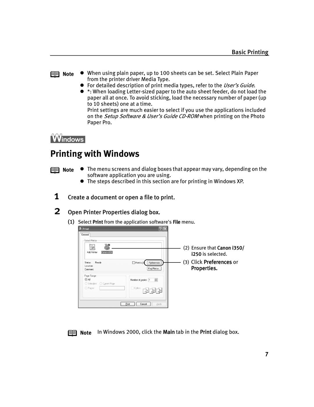 Canon 250, 350 quick start Printing with Windows, Click Preferences or Properties 