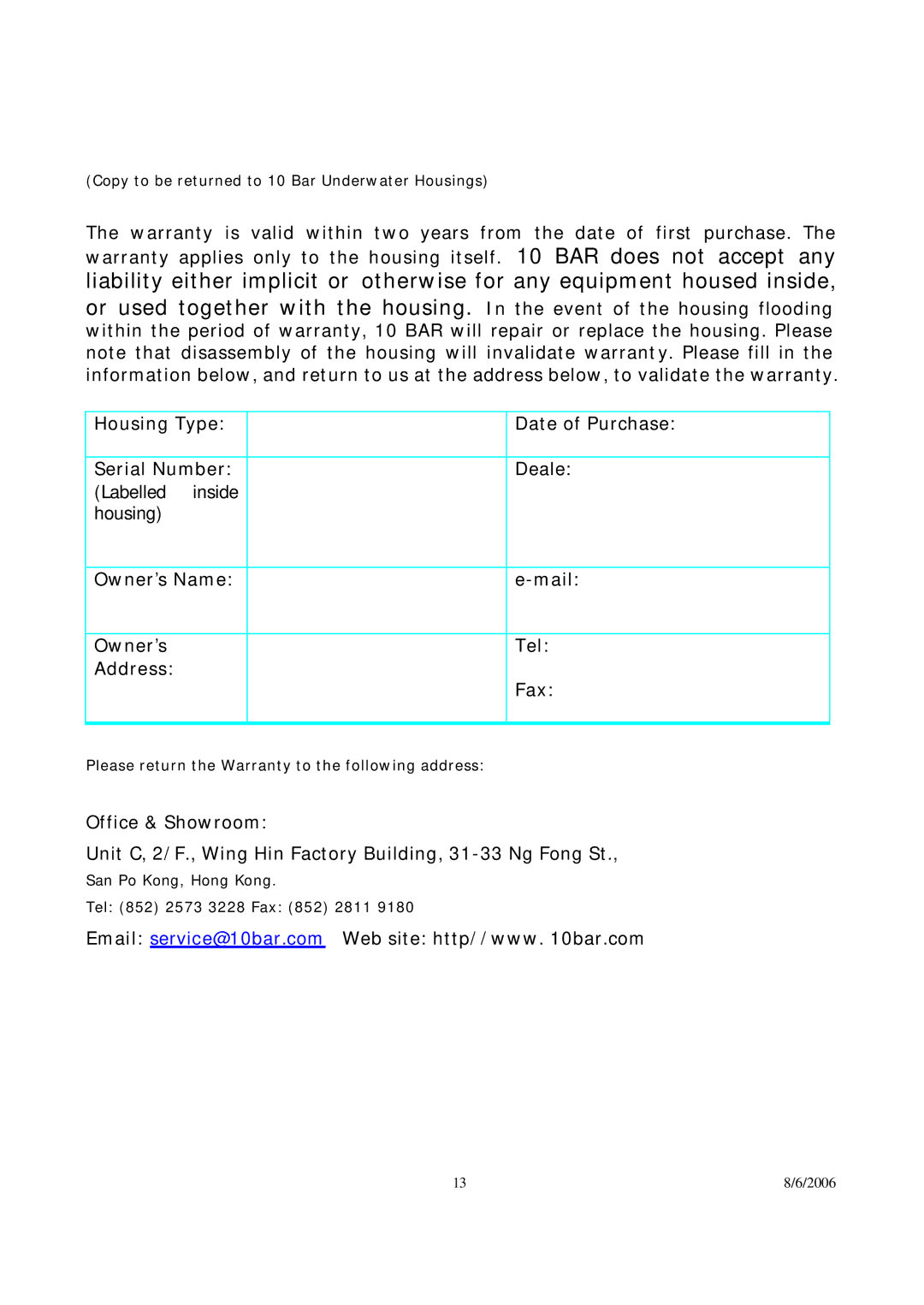 Canon 350D user manual Copy to be returned to 10 Bar Underwater Housings 