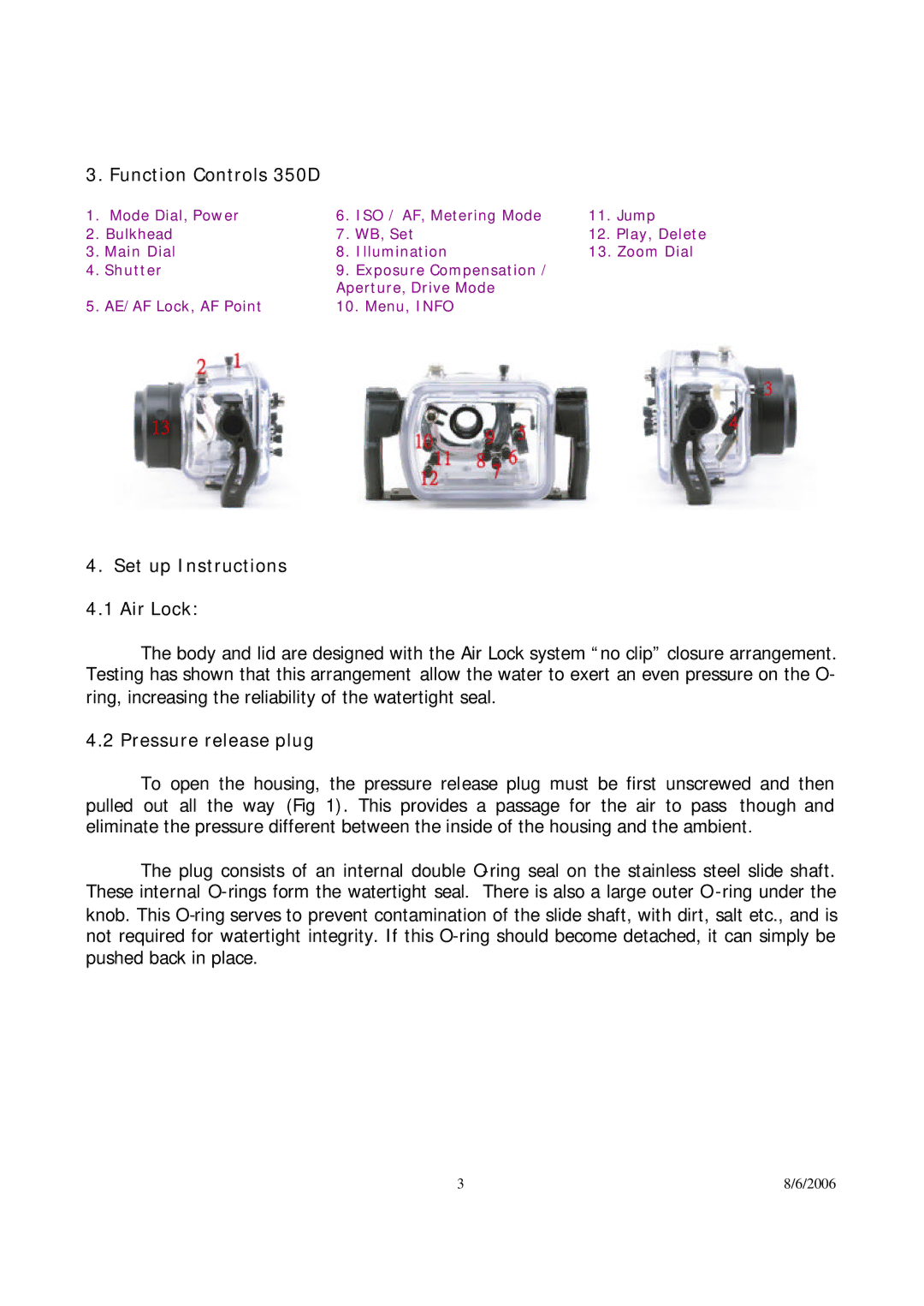 Canon user manual Function Controls 350D, Set up Instructions Air Lock, Pressure release plug 