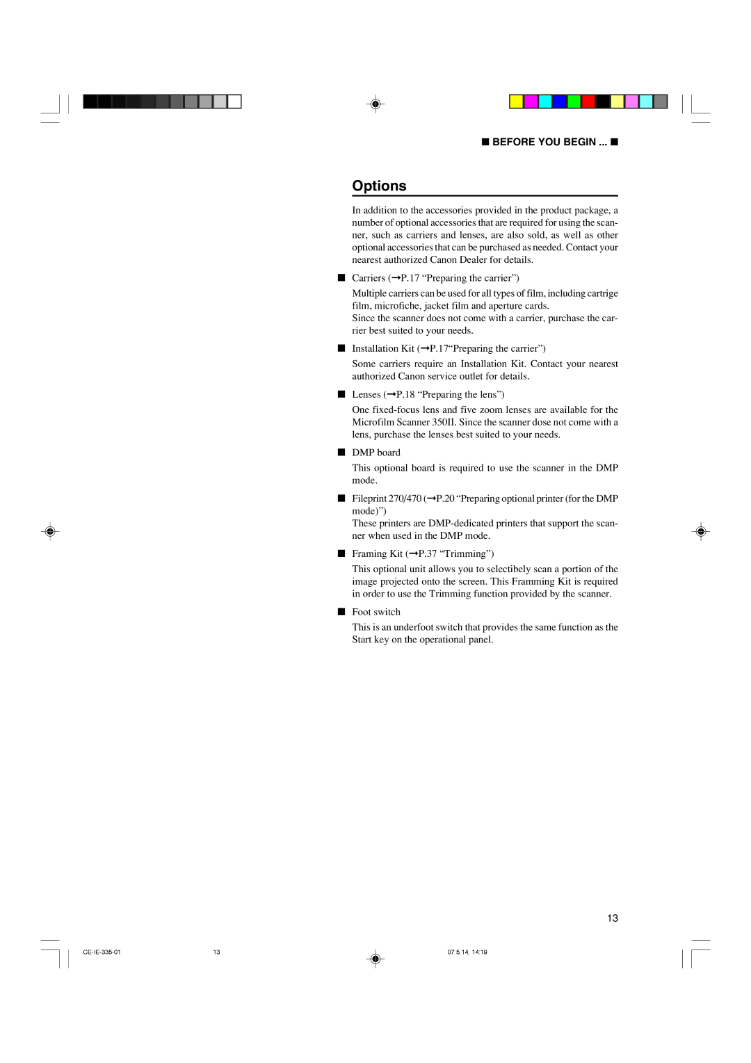 Canon 350II manual Options 