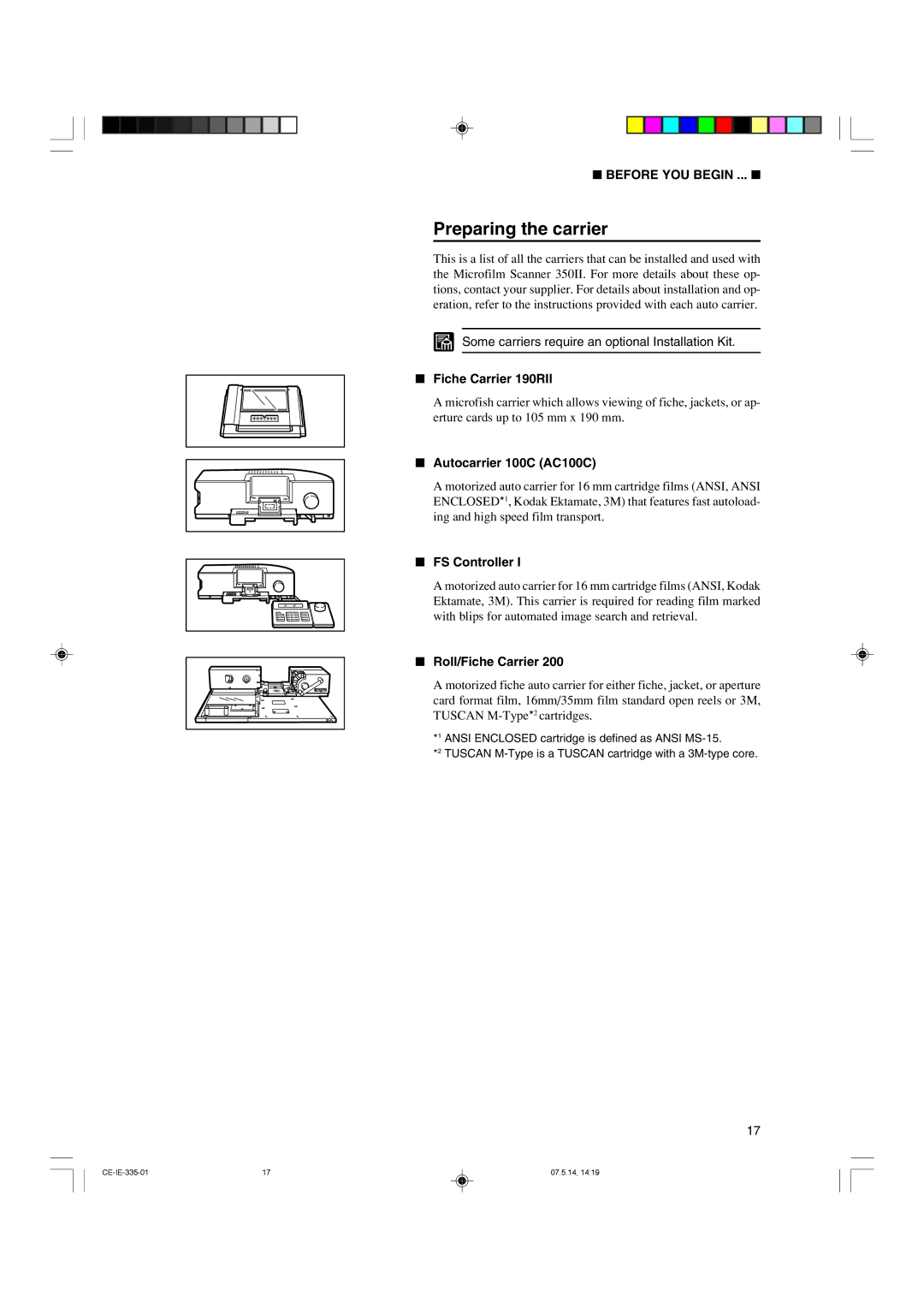 Canon 350II manual Preparing the carrier, Fiche Carrier 190RII, Autocarrier 100C AC100C, FS Controller, Roll/Fiche Carrier 