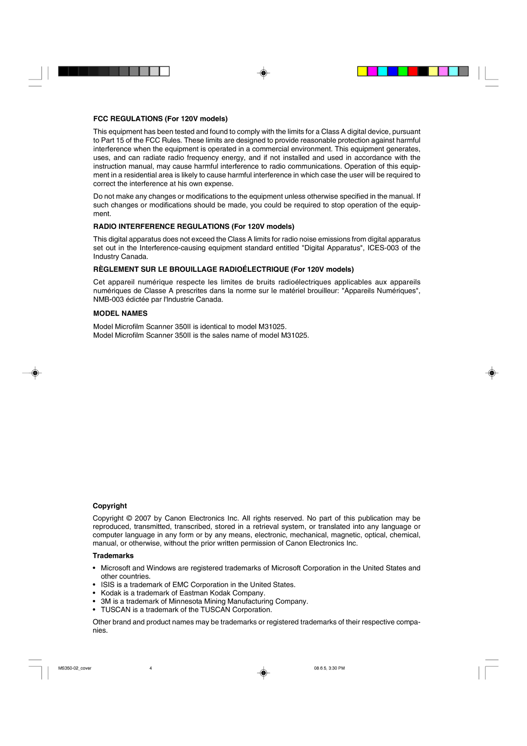 Canon 350II manual FCC Regulations For 120V models, Radio Interference Regulations For 120V models, Copyright, Trademarks 