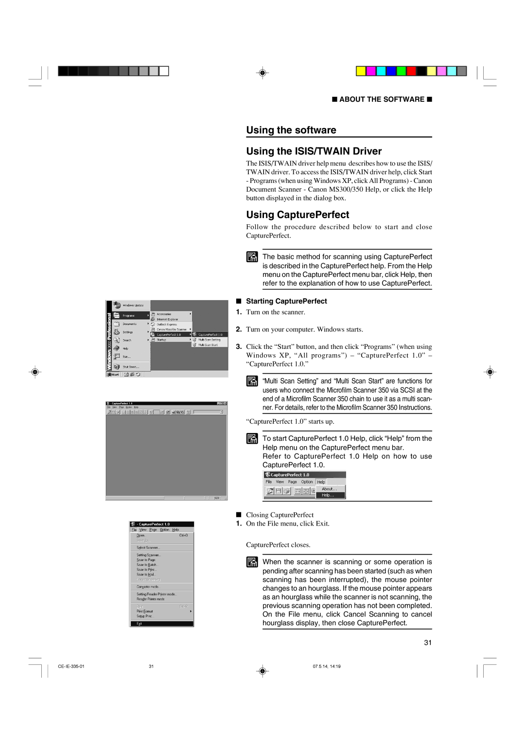 Canon 350II manual Using the software Using the ISIS/TWAIN Driver, Using CapturePerfect, Starting CapturePerfect 