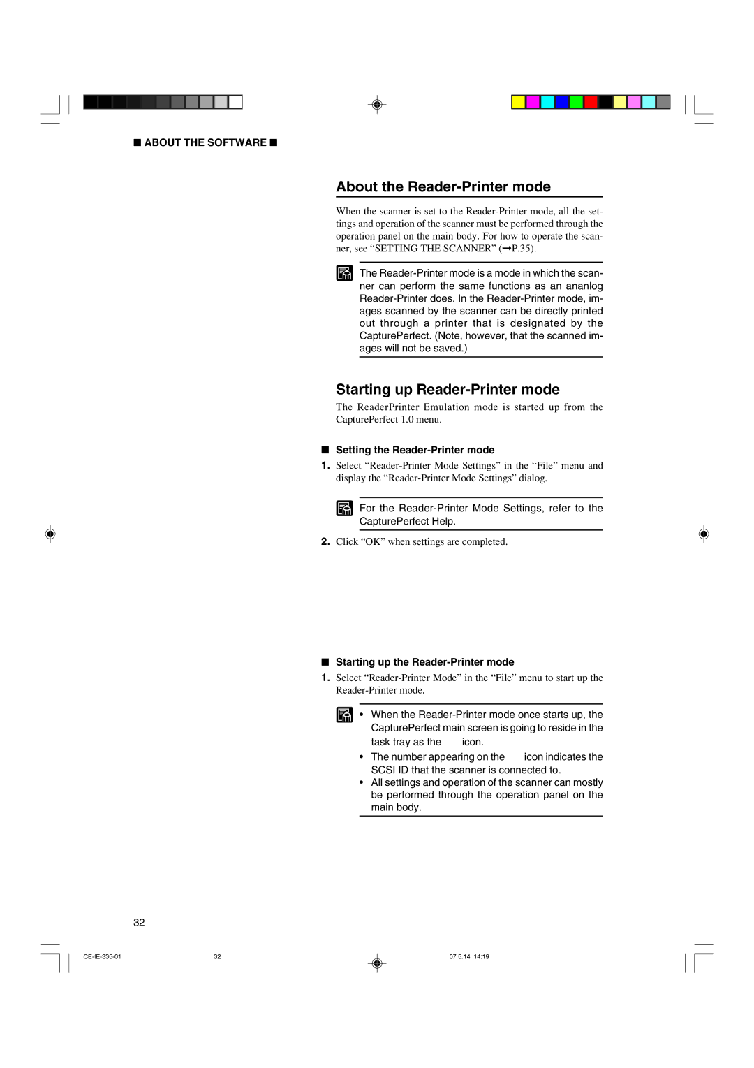 Canon 350II manual About the Reader-Printer mode, Starting up Reader-Printer mode, Setting the Reader-Printer mode 