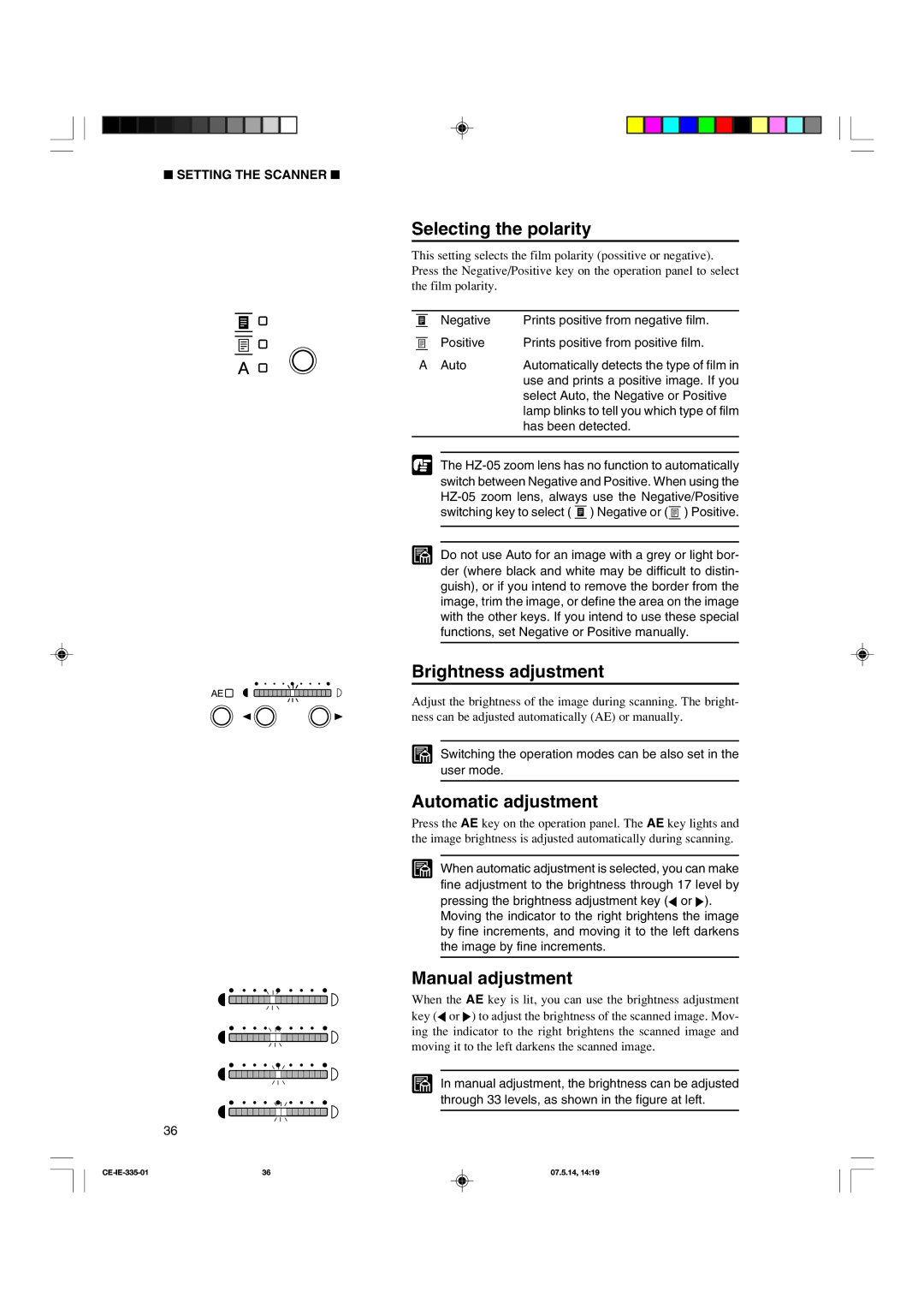 Canon 350II manual Selecting the polarity, Brightness adjustment, Automatic adjustment, Manual adjustment 