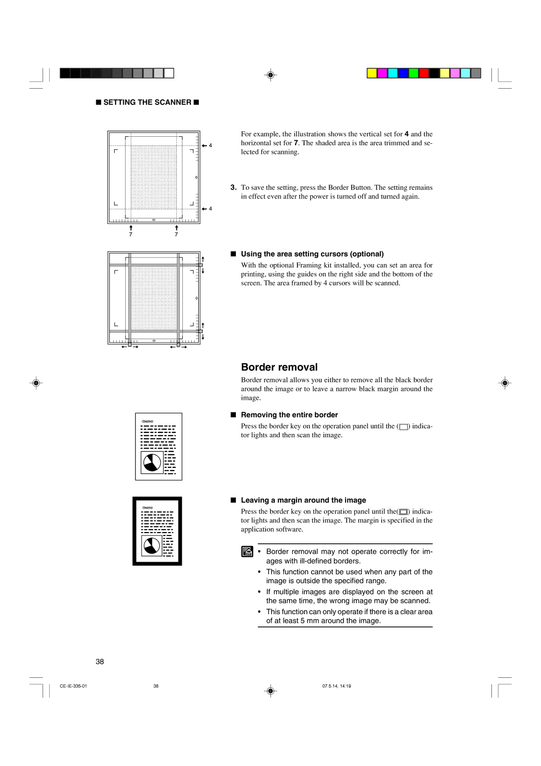 Canon 350II manual Border removal, Using the area setting cursors optional, Removing the entire border 