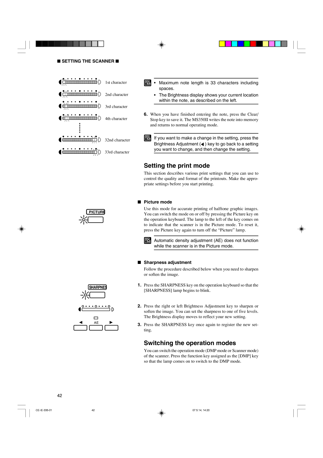 Canon 350II manual Setting the print mode, Switching the operation modes, Picture mode, Sharpness adjustment 