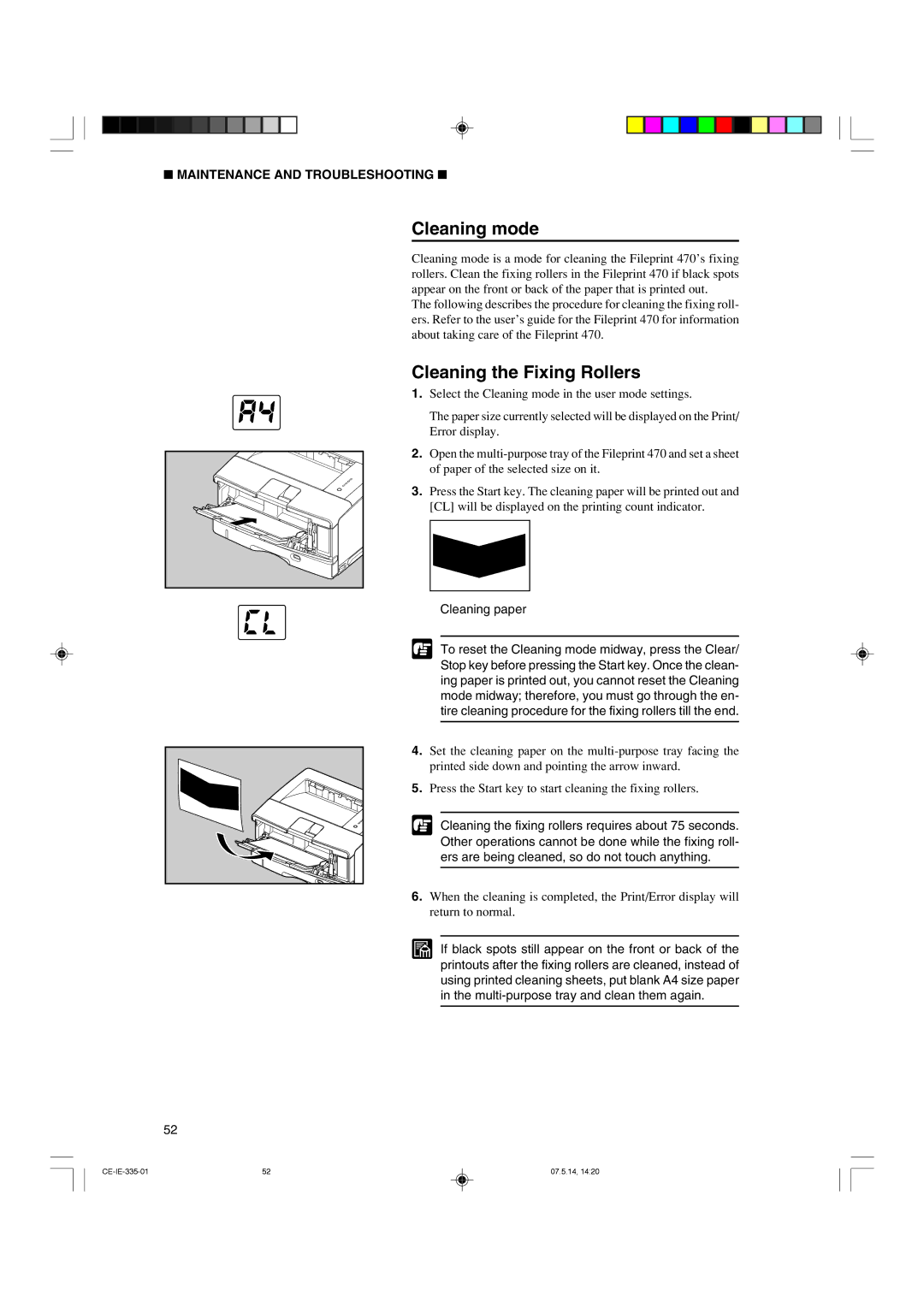 Canon 350II manual Cleaning the Fixing Rollers, Cleaning paper 