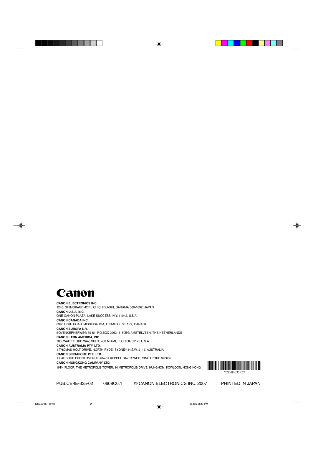 Canon 350II manual PUB.CE-IE-335-02 0608C0.1, Canon Latin AMERICA, INC 