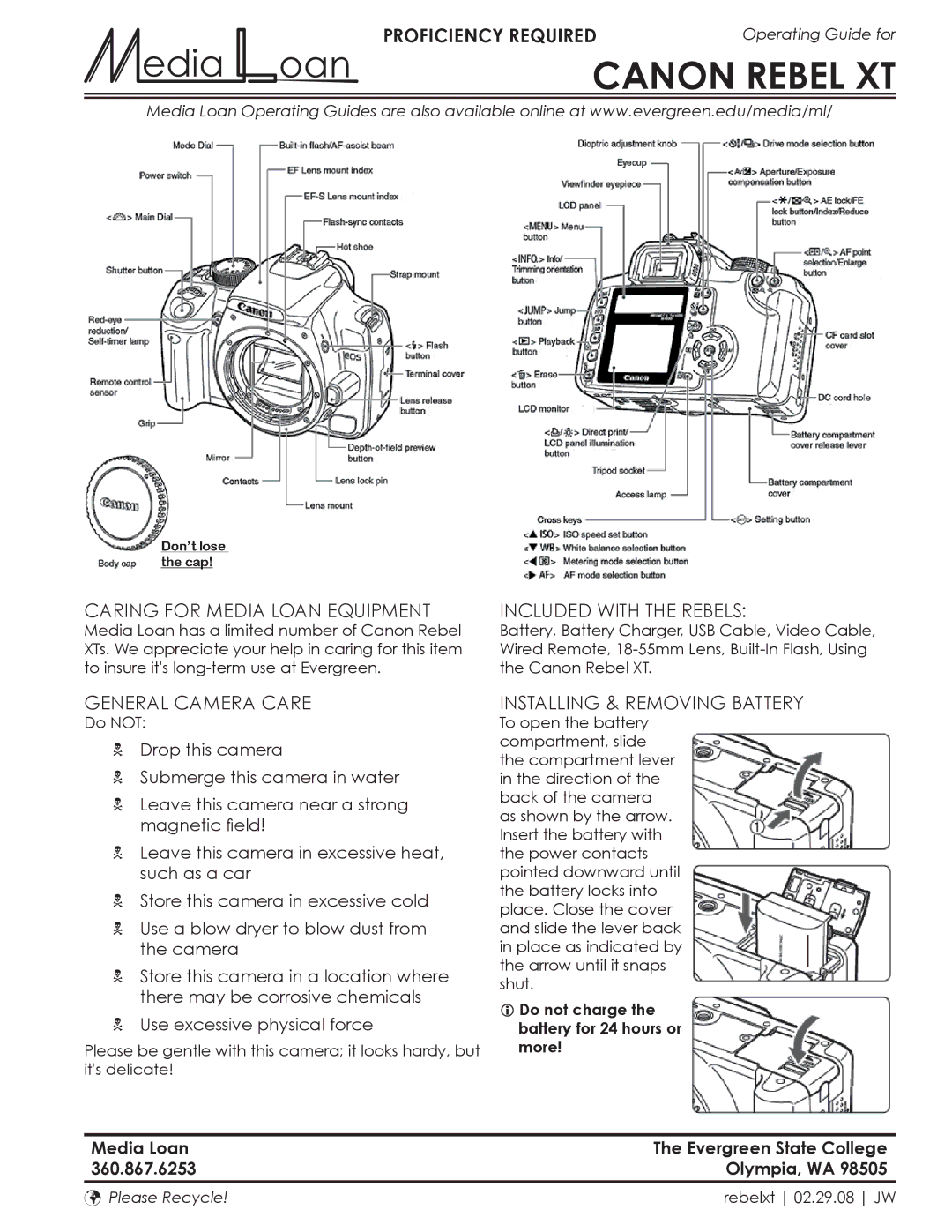 Canon 360.867.6253 manual Caring for Media Loan Equipment Included with the rebels, General Camera Care 