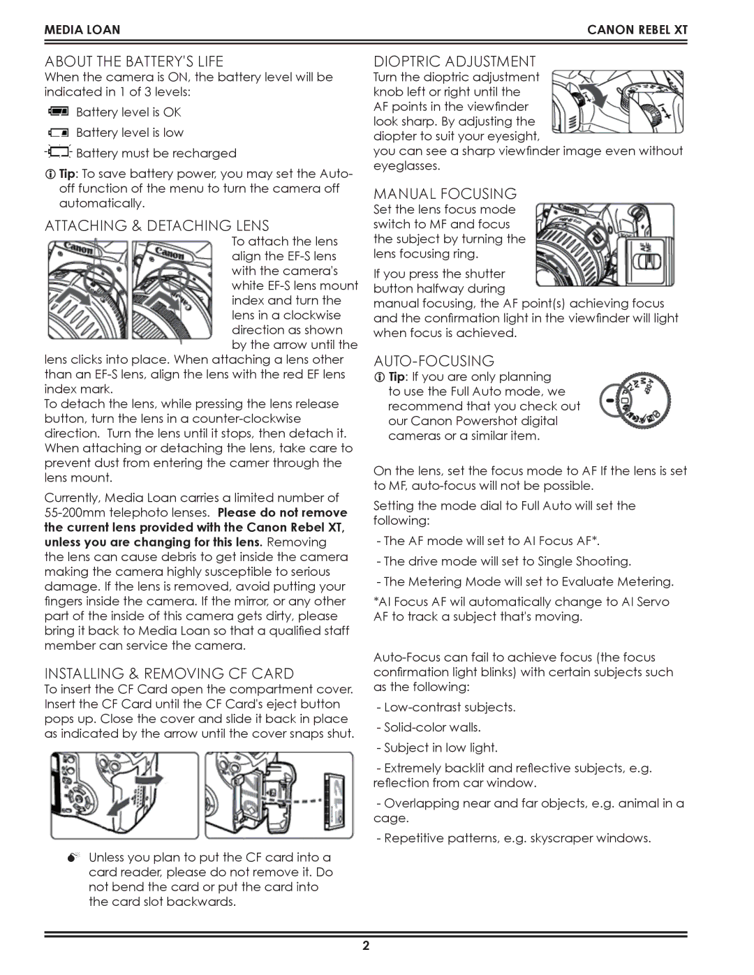 Canon 360.867.6253 About the Batterys Life, Attaching & Detaching Lens, Installing & Removing CF Card, Dioptric Adjustment 