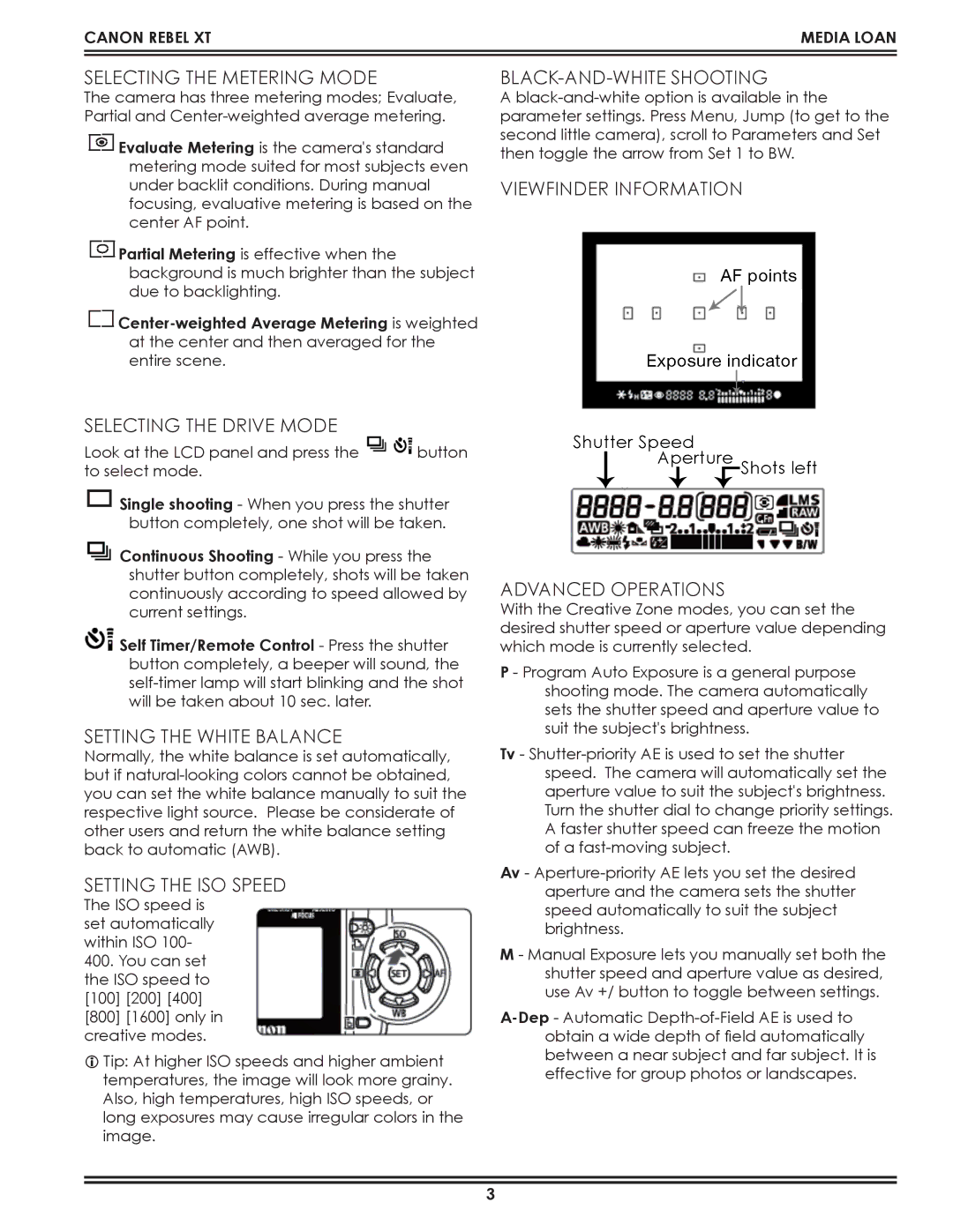 Canon 360.867.6253 Selecting the Metering Mode, Black-and-White Shooting, Viewfinder Information Selecting the Drive Mode 