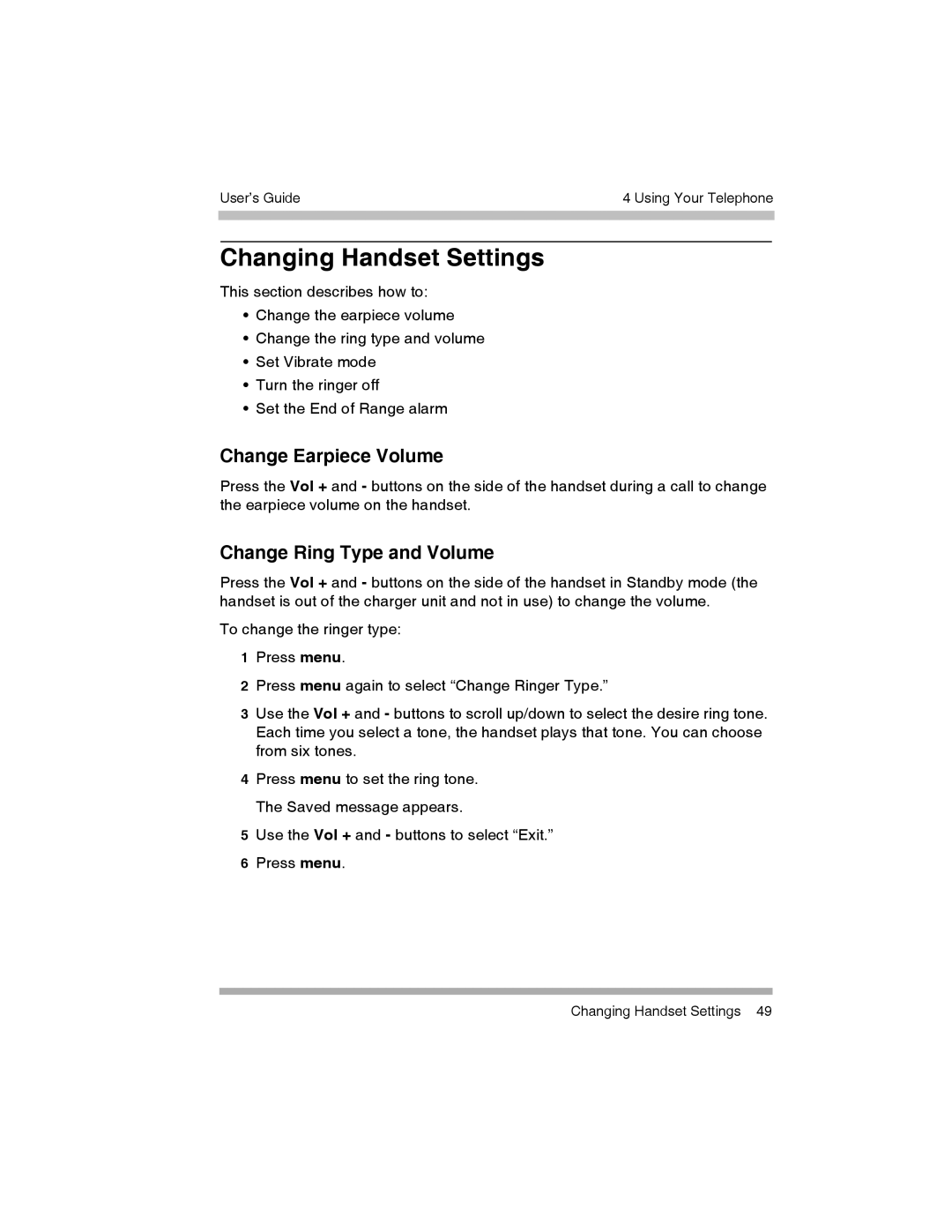 Canon 3920 manual Changing Handset Settings, Change Earpiece Volume, Change Ring Type and Volume 