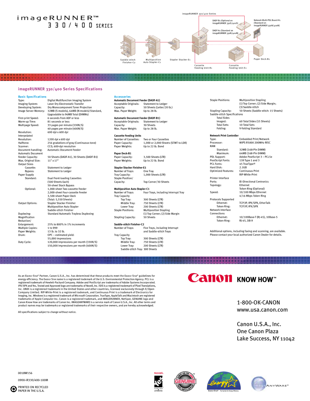 Canon 400, 330 manual Canon U.S.A., Inc One Canon Plaza Lake Success, NY 