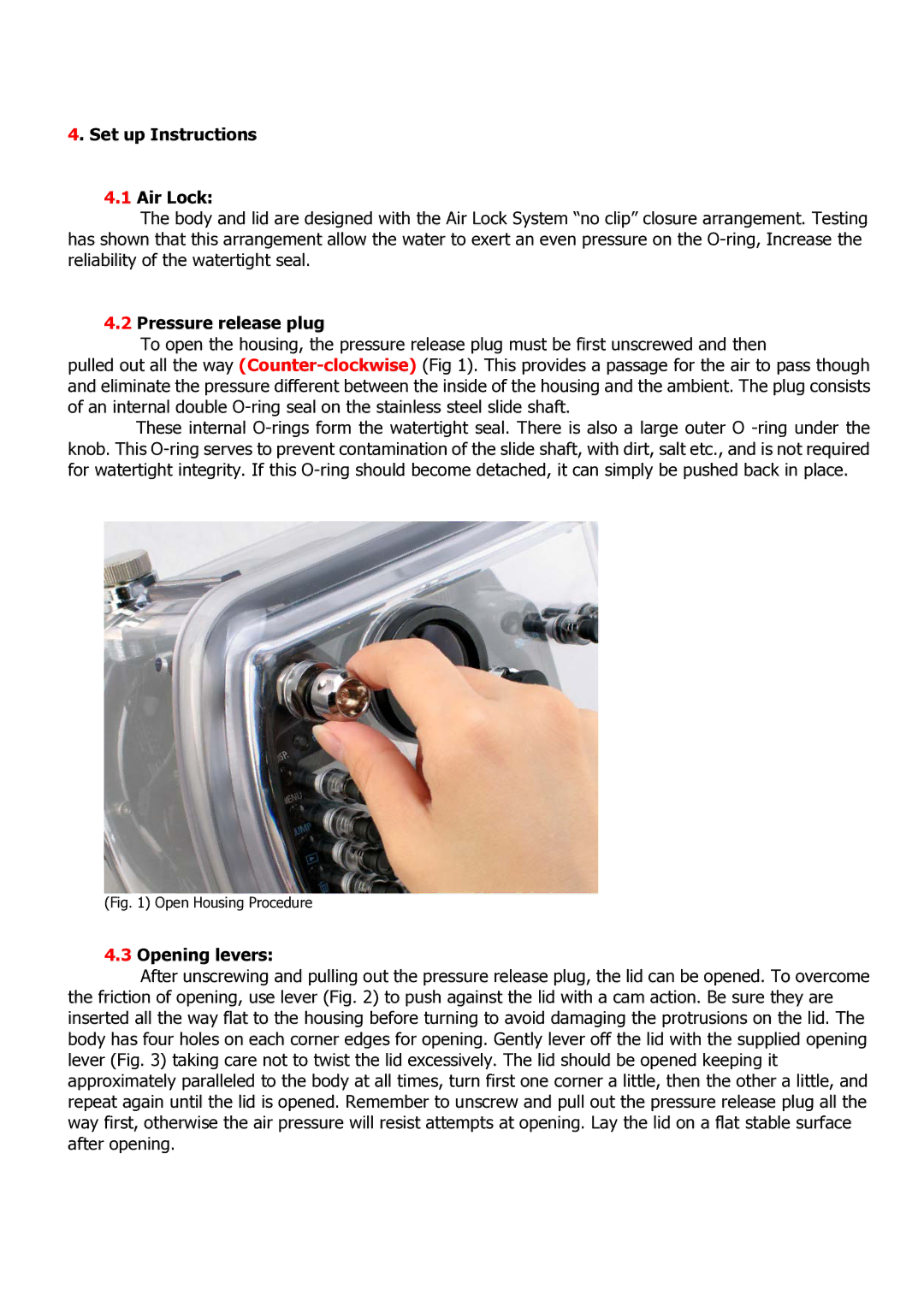 Canon 400D user manual Set up Instructions Air Lock, Pressure release plug, Opening levers 