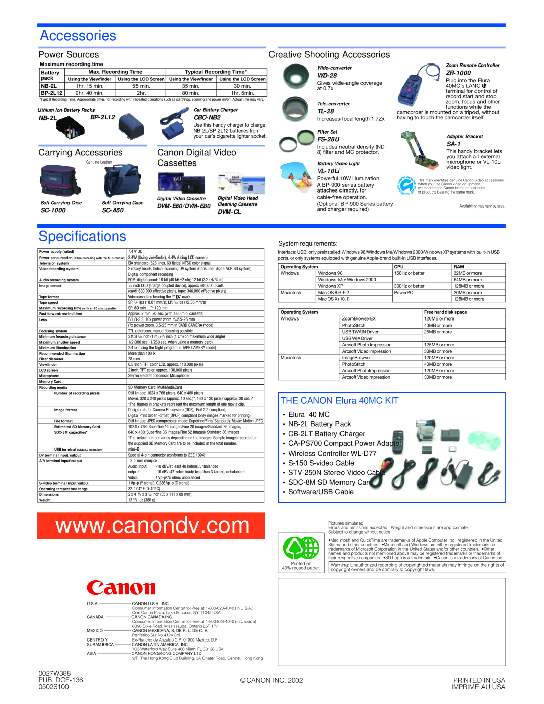 Canon 40MC manual Power Sources Creative Shooting Accessories, Carrying Accessories Canon Digital Video, Cassettes 