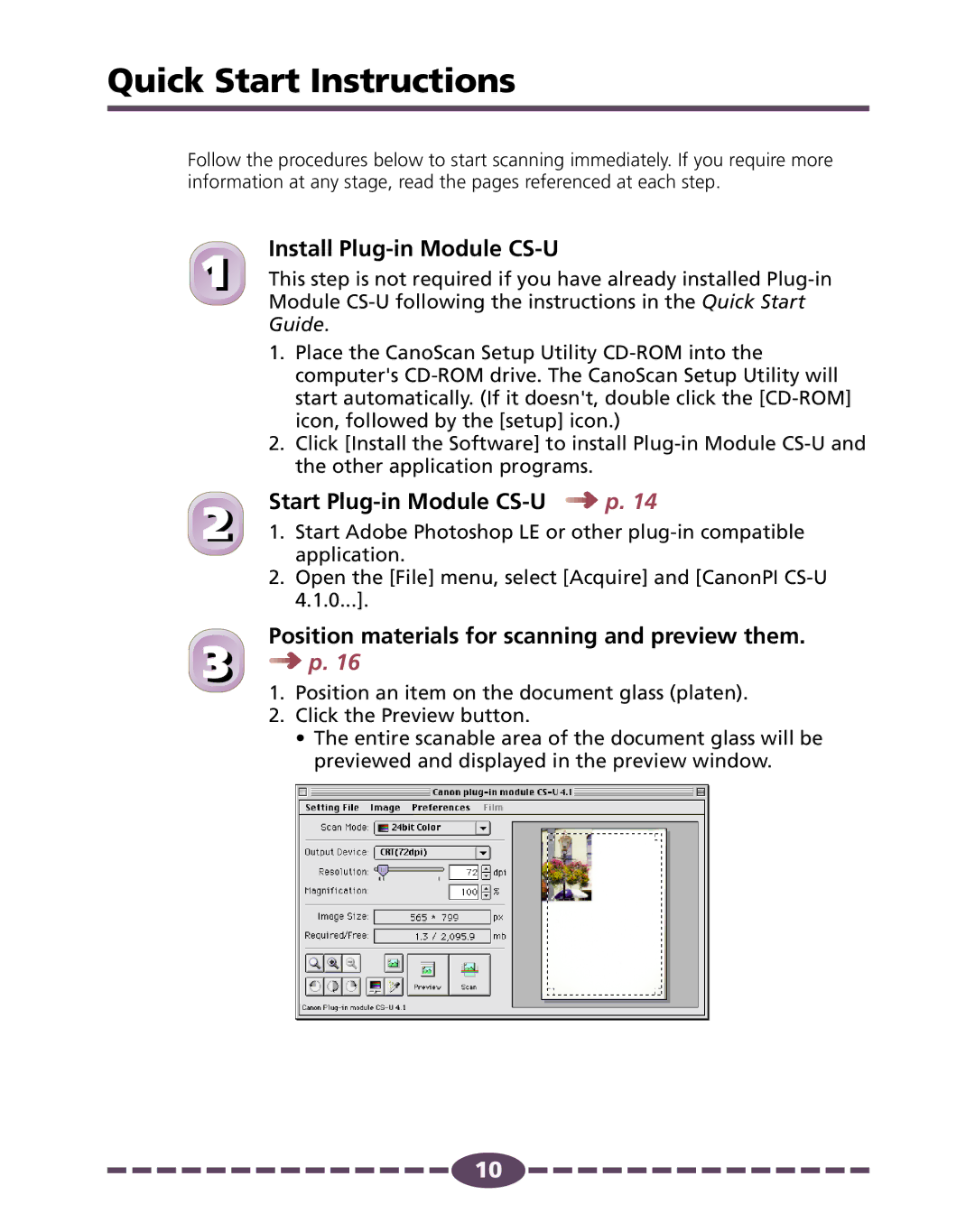 Canon 4.1 manual Quick Start Instructions, Install Plug-in Module CS-U, Start Plug-in Module CS-U p 