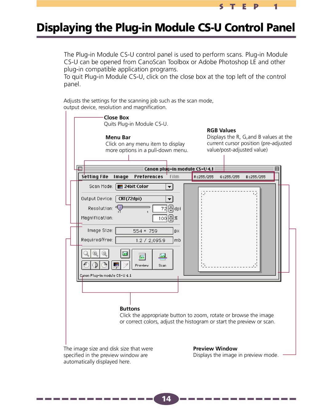 Canon 4.1 manual Displaying the Plug-in Module CS-U Control Panel, RGB Values 