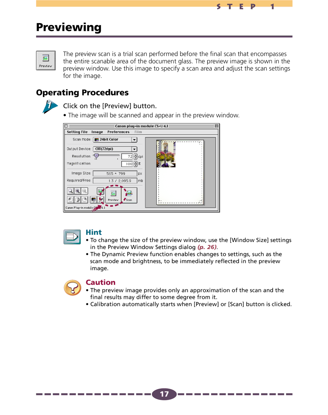 Canon 4.1 manual Previewing, Click on the Preview button 