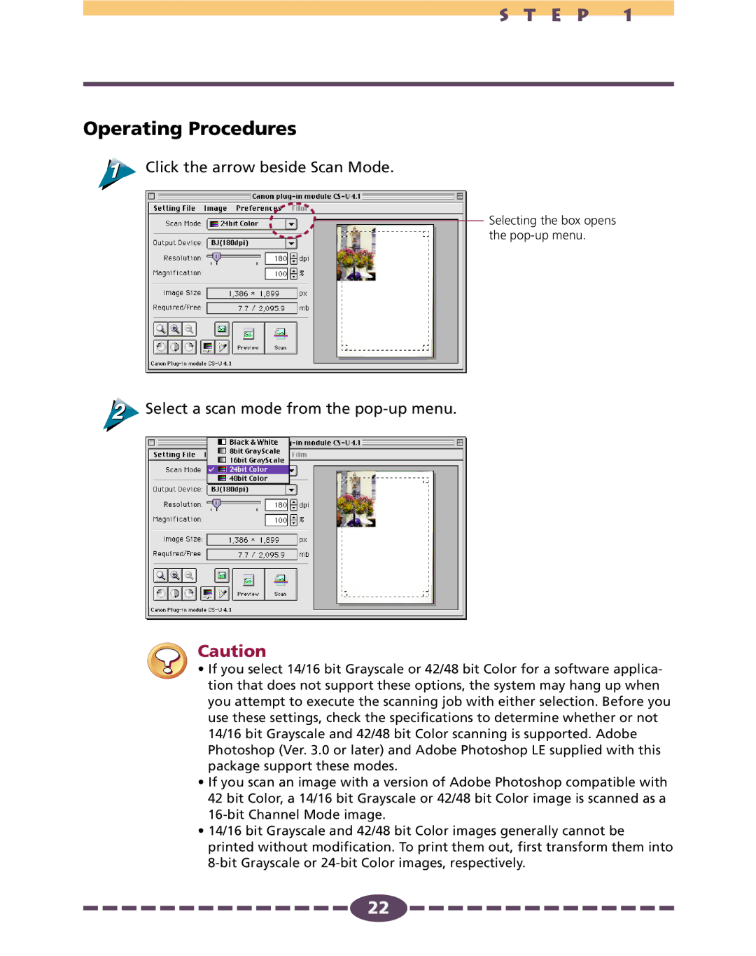 Canon 4.1 manual Click the arrow beside Scan Mode, Select a scan mode from the pop-up menu 