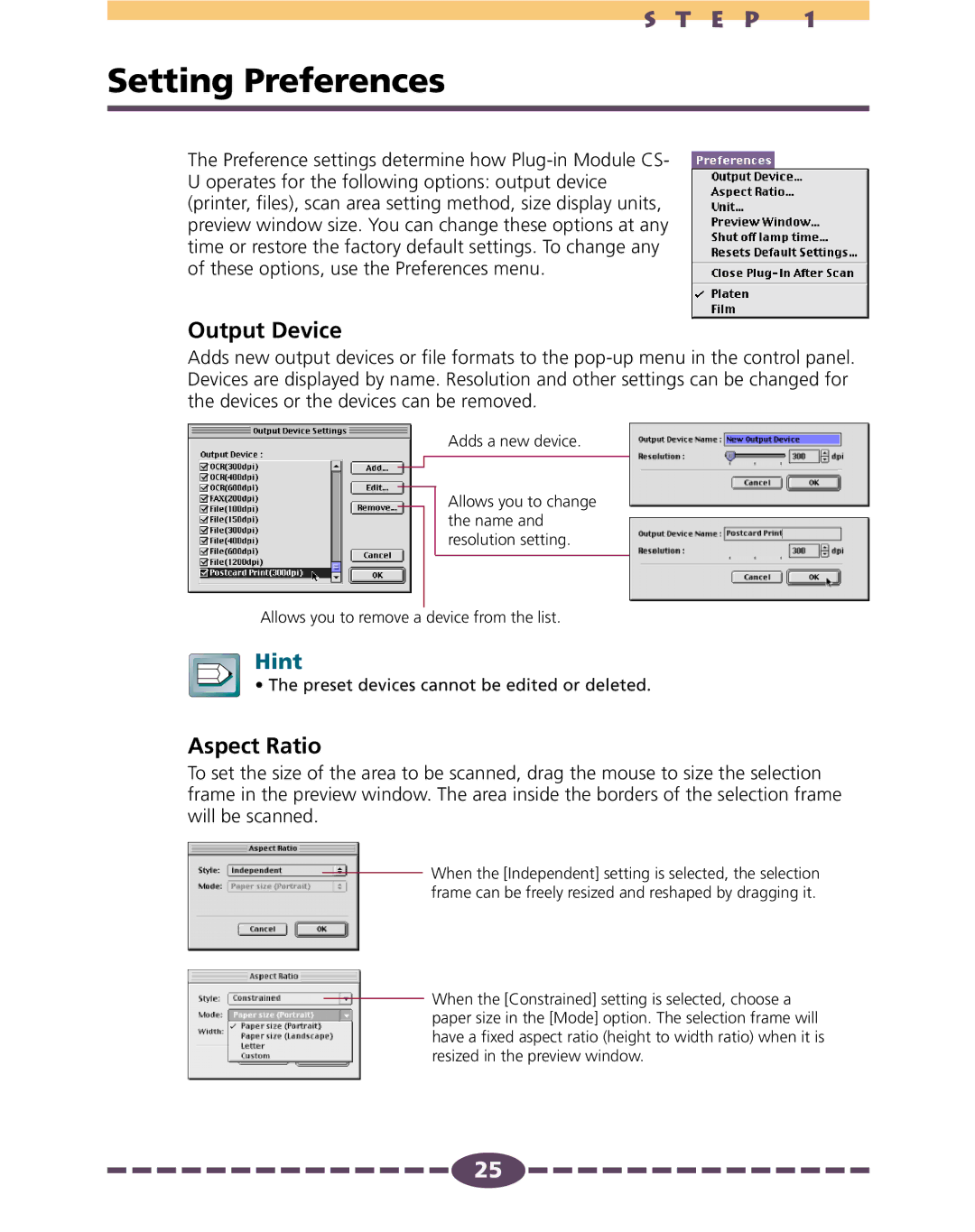 Canon 4.1 manual Setting Preferences, Output Device, Aspect Ratio 