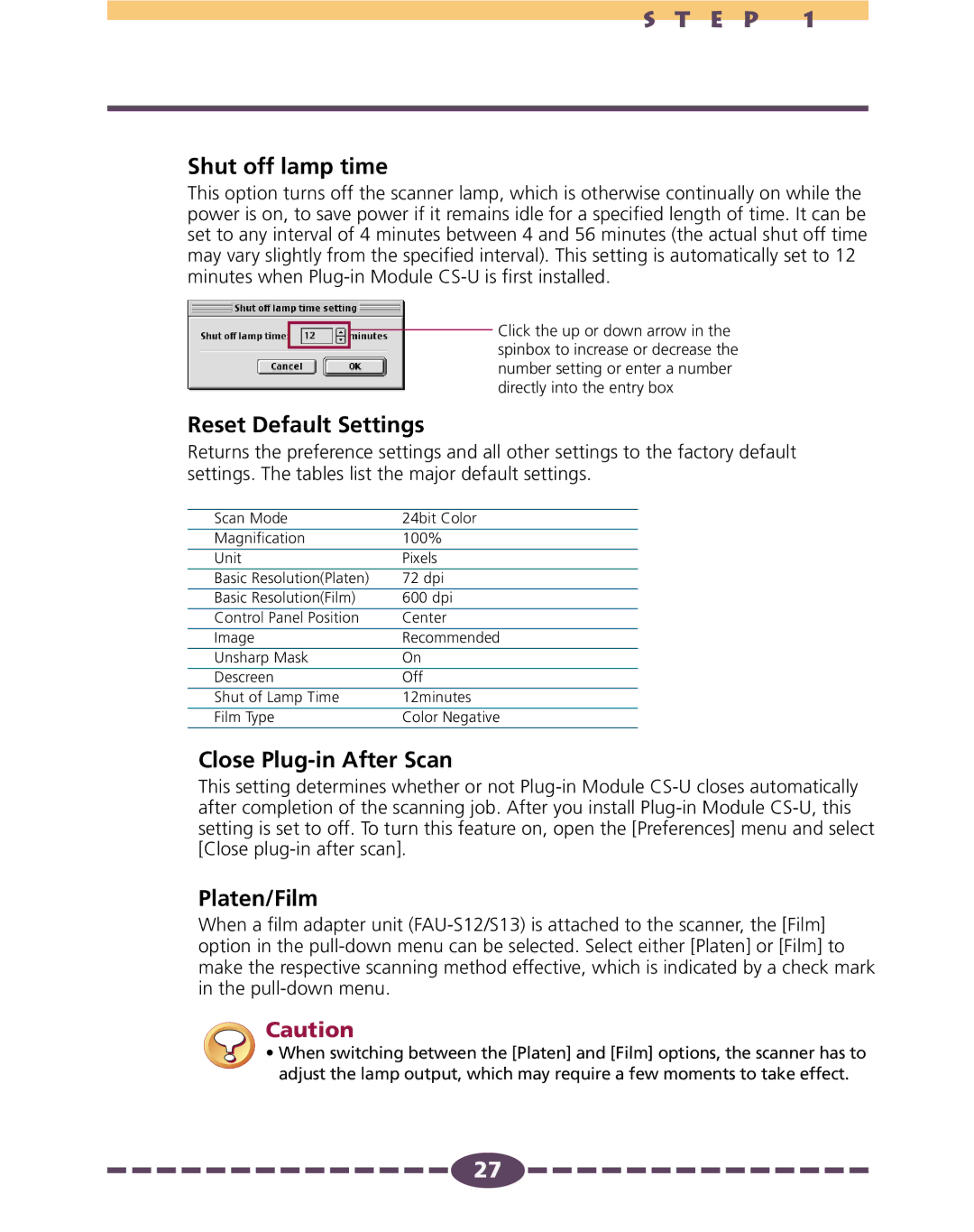 Canon 4.1 manual Shut off lamp time, Reset Default Settings, Close Plug-in After Scan, Platen/Film 