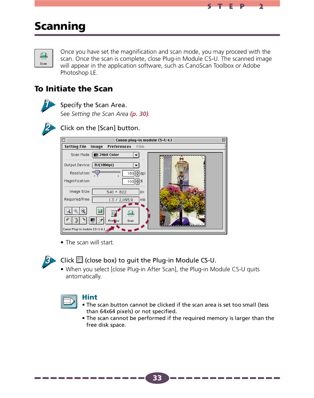 Canon 4.1 manual Scanning, To Initiate the Scan, Specify the Scan Area, Click close box to guit the Plug-in Module CS-U 