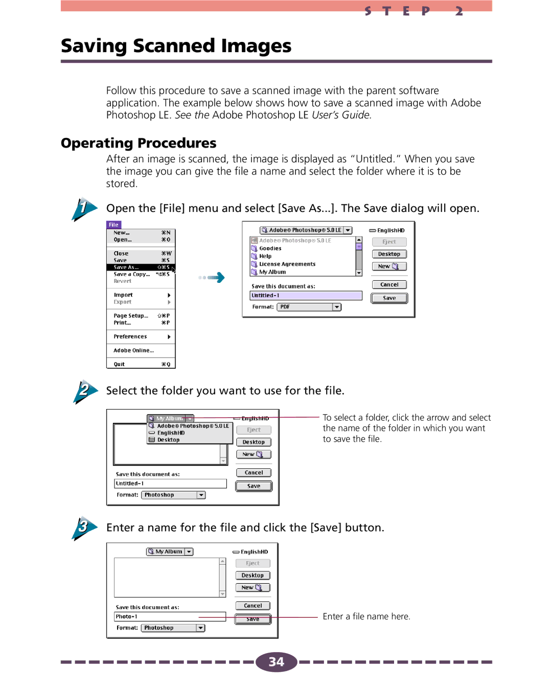 Canon 4.1 manual Saving Scanned Images, Enter a name for the file and click the Save button 