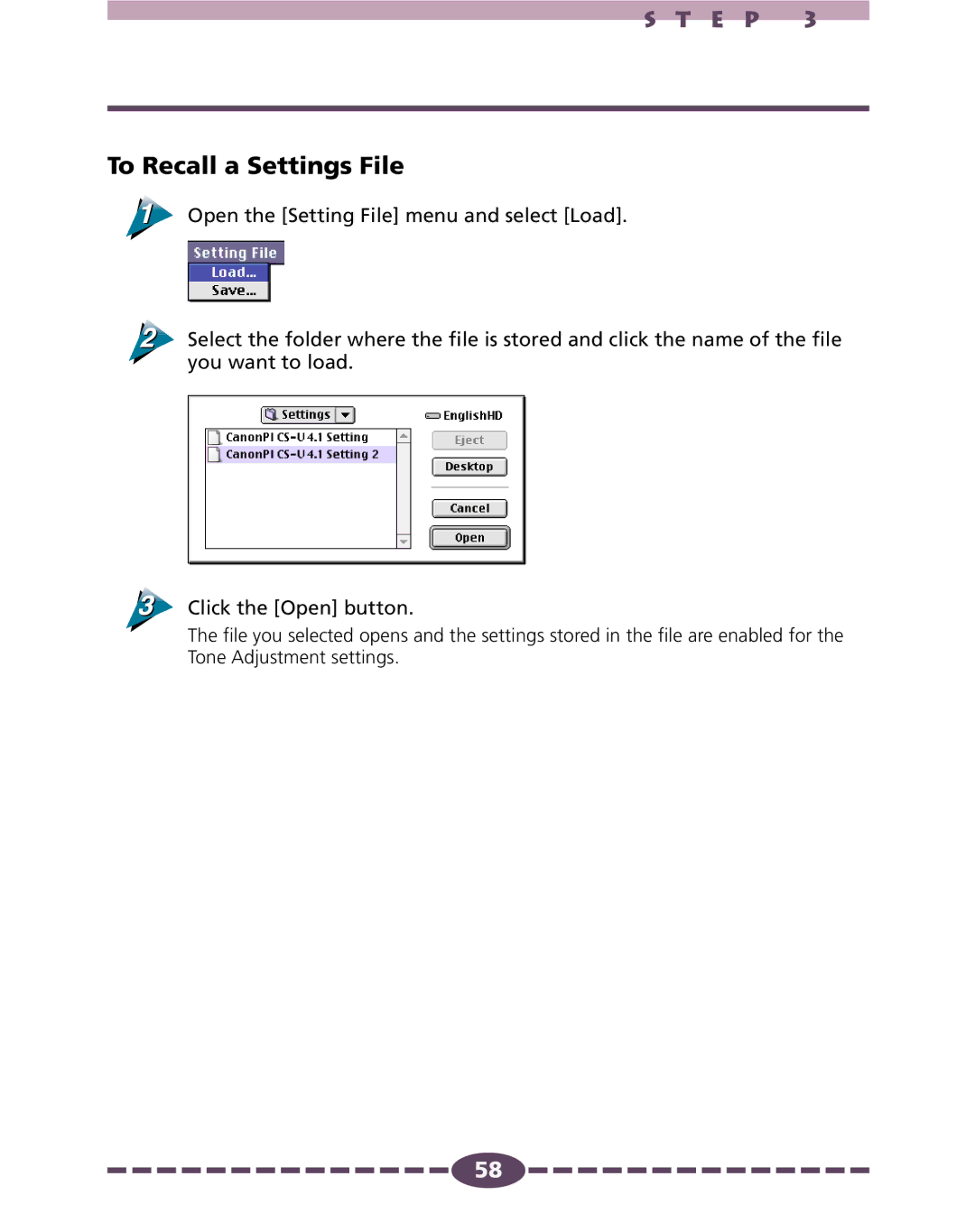 Canon 4.1 manual To Recall a Settings File 