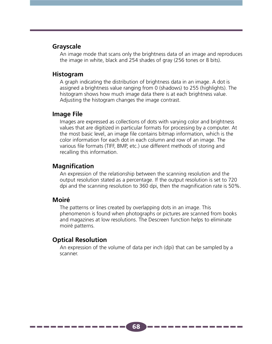 Canon 4.1 manual Grayscale, Histogram, Image File, Magnification, Moiré, Optical Resolution 