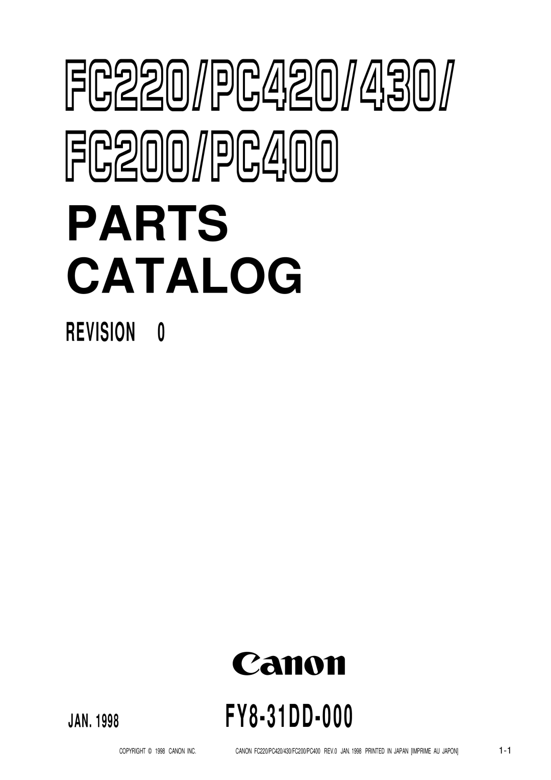 Canon PC420, 430, PC400, FC220, FC200 manual Parts Catalog 