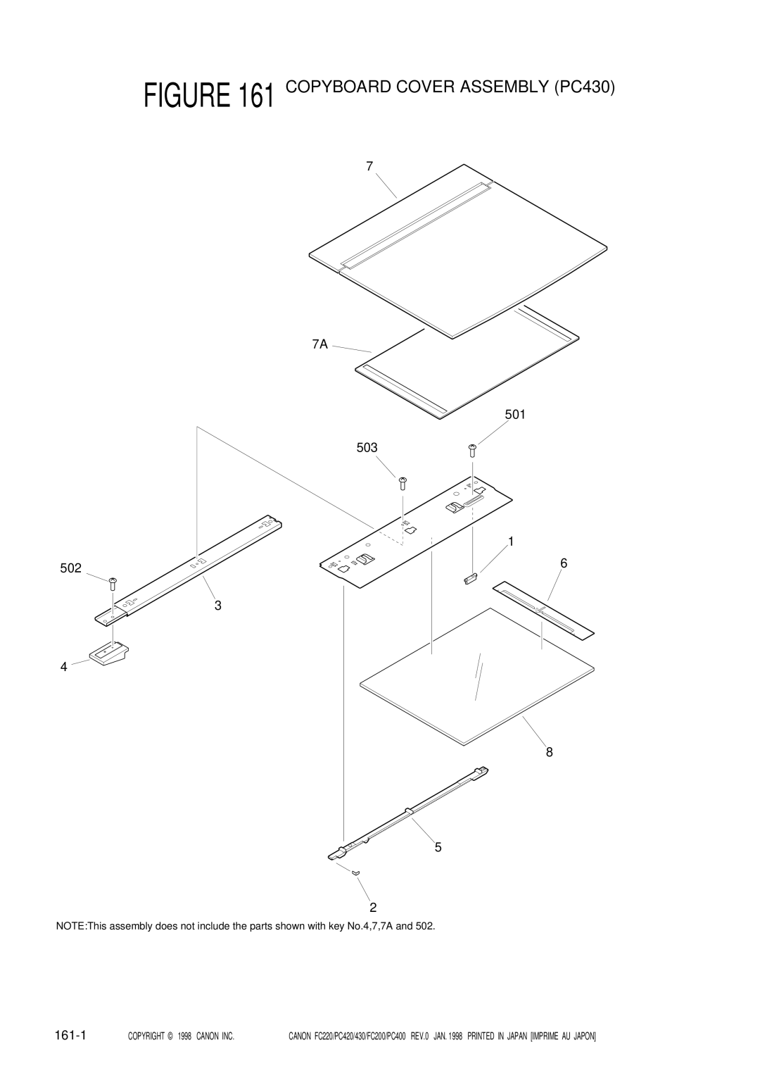 Canon FC220, PC420, PC400, FC200 manual Copyboard Cover Assembly PC430, 503 502 501 161-1 