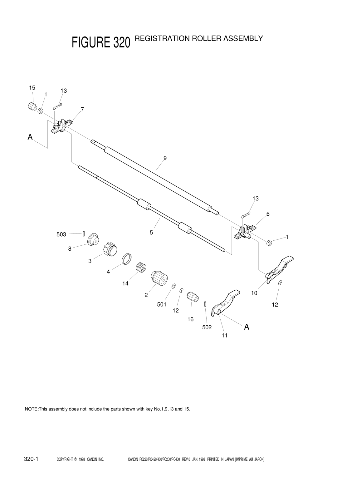 Canon PC420, 430, PC400, FC220, FC200 manual Registration Roller Assembly, 503 501 502 320-1 