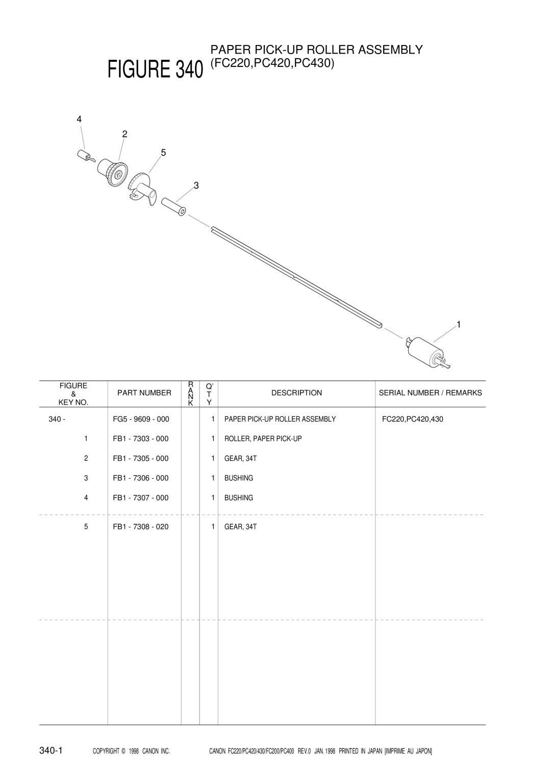 Canon FC220, 430, PC420, PC400, FC200 manual Paper PICK-UP Roller Assembly, 340-1 