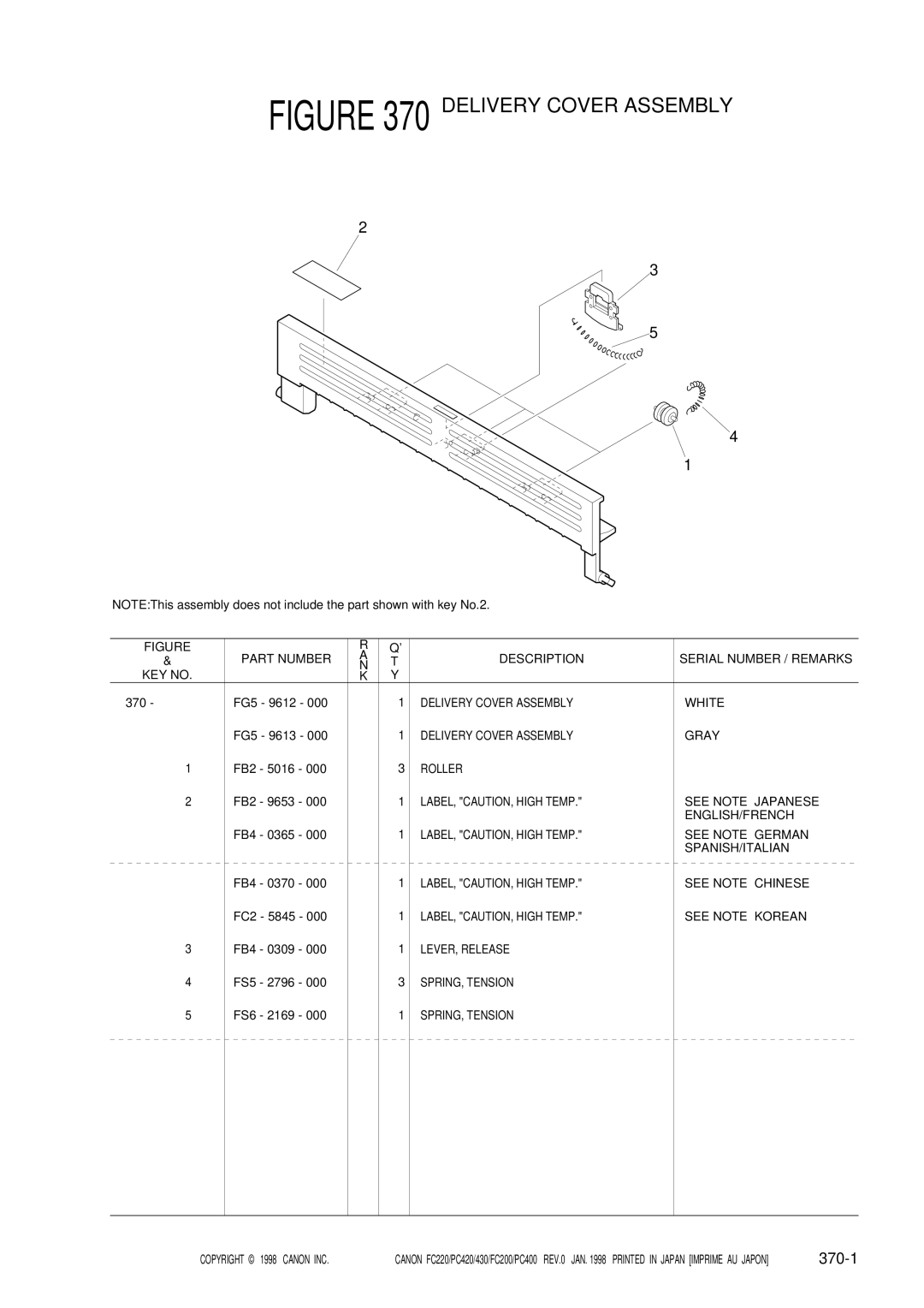 Canon FC200, 430, PC420, PC400, FC220 manual Delivery Cover Assembly, 370-1 