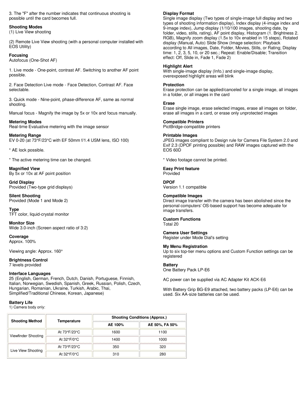 Canon 4460B004 Shooting Modes, Focusing, Magnified View, Grid Display, Silent Shooting, Monitor Size, Brightness Control 