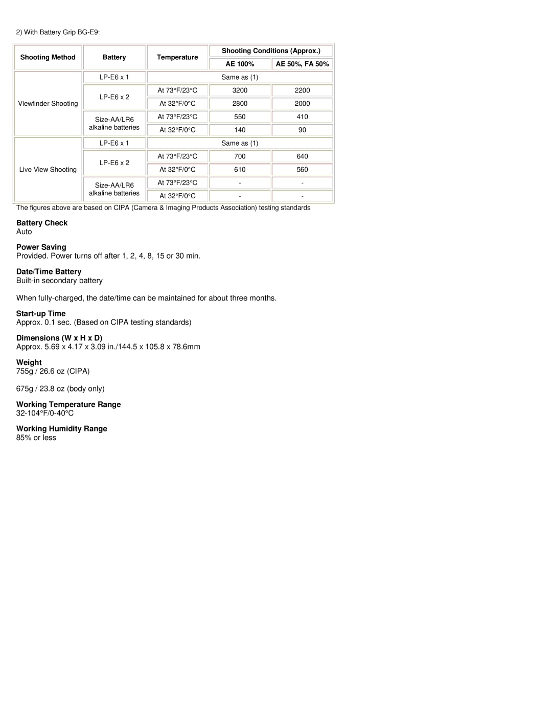 Canon 4460B004 specifications Battery Check, Power Saving, Date/Time Battery, Start-up Time, Dimensions W x H x D, Weight 