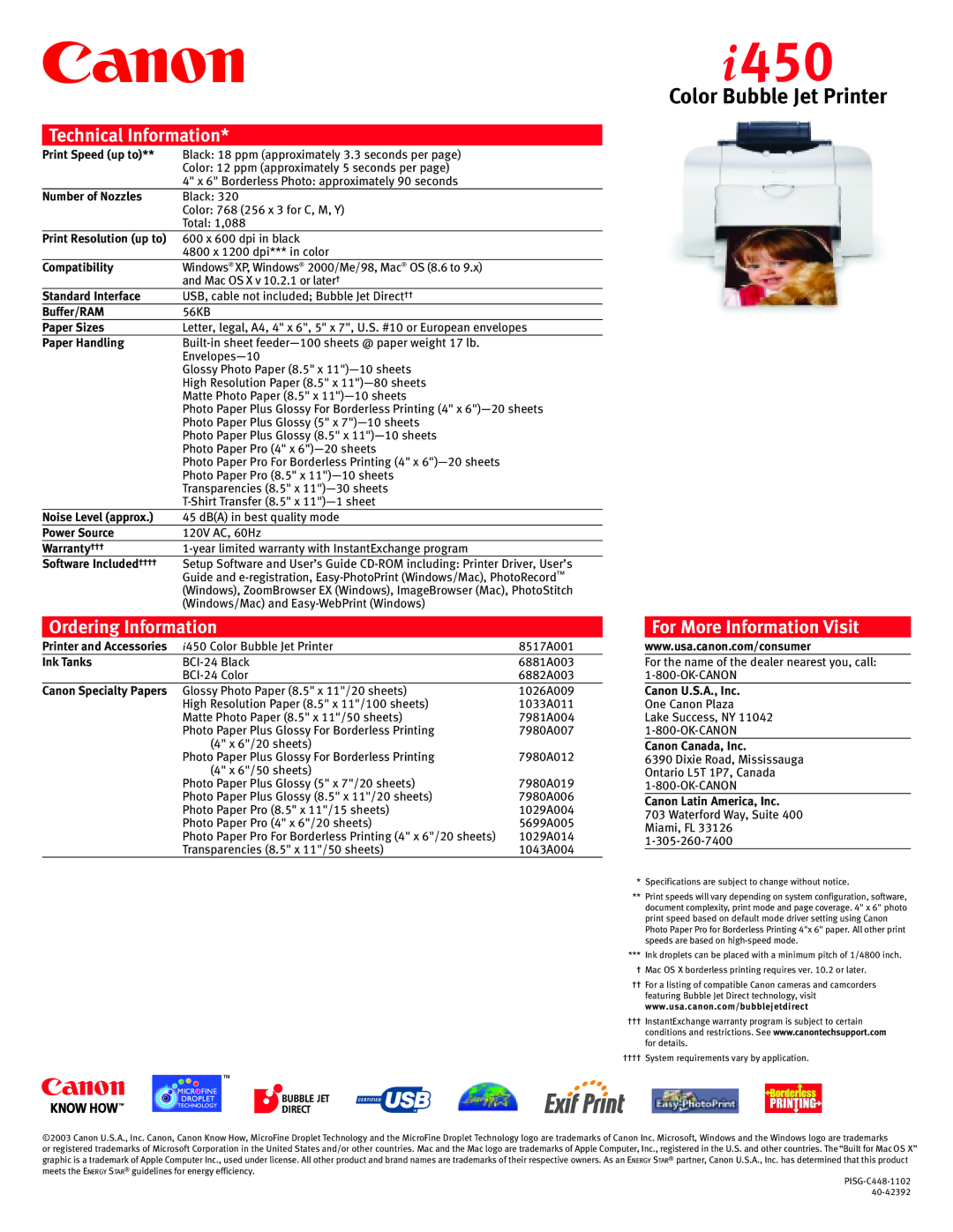 Canon 450 manual Technical Information, Ordering Information, For More Information Visit 
