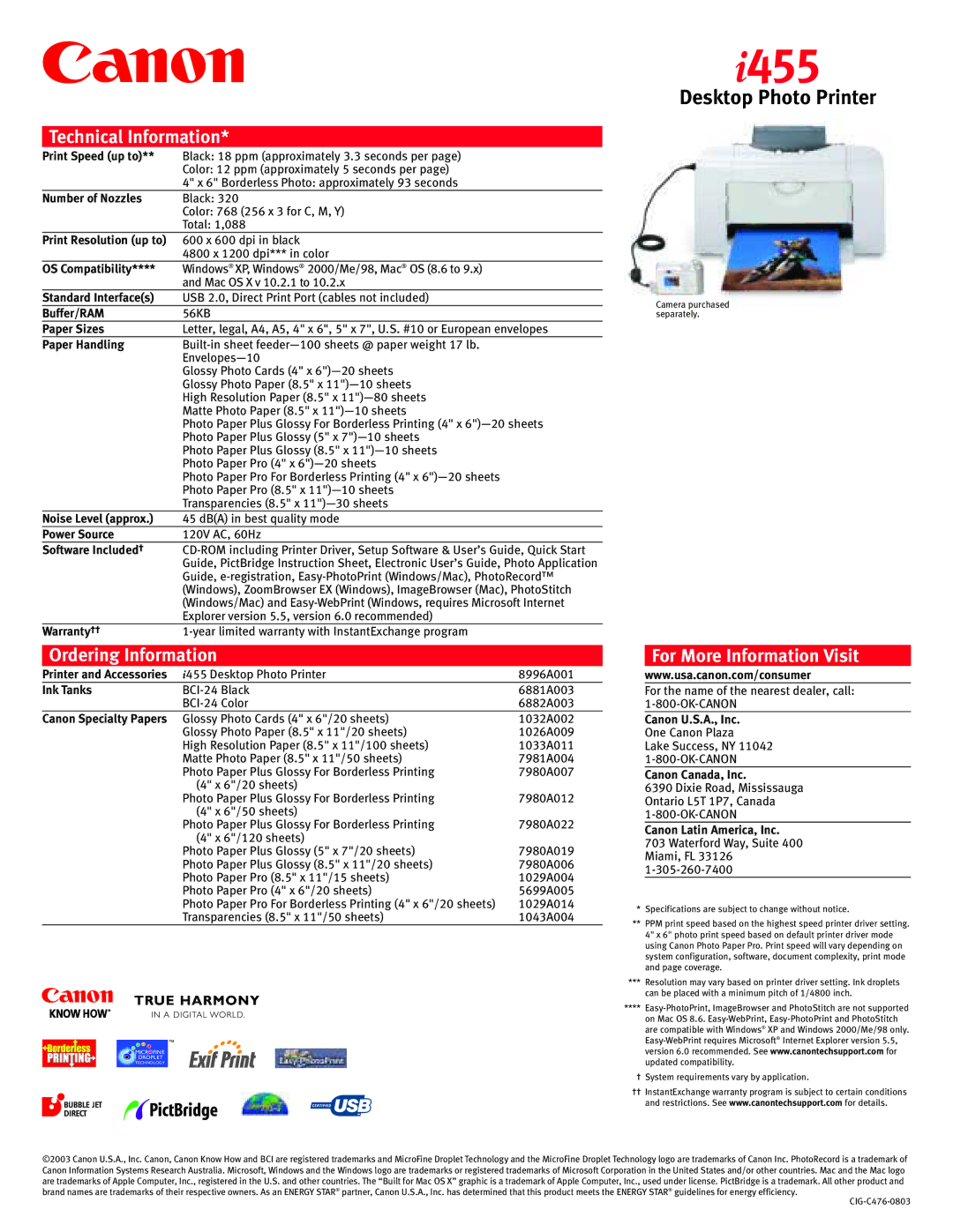 Canon 455 manual Technical Information, Ordering Information, For More Information Visit 