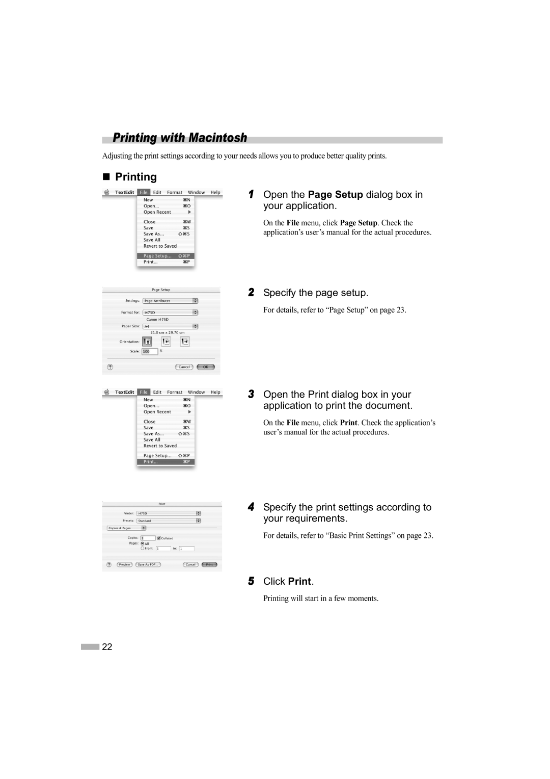 Canon 475D quick start Printing with Macintosh, Open the Page Setup dialog box in your application, Specify the page setup 