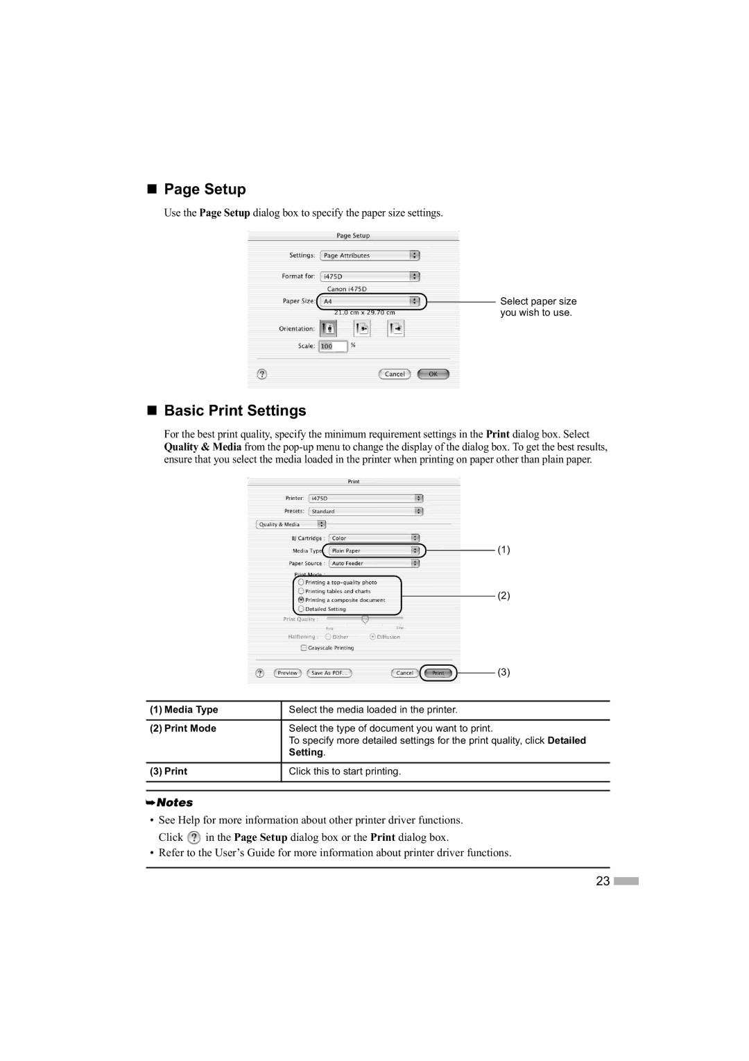 Canon 475D quick start „ Page Setup, Print Mode 